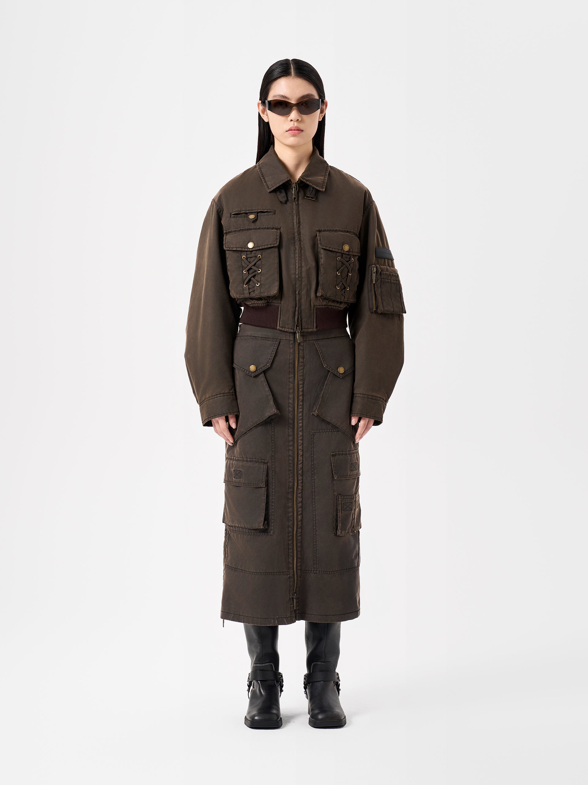 BROWN WASHED NYLON SHORT BOMBER JACKET