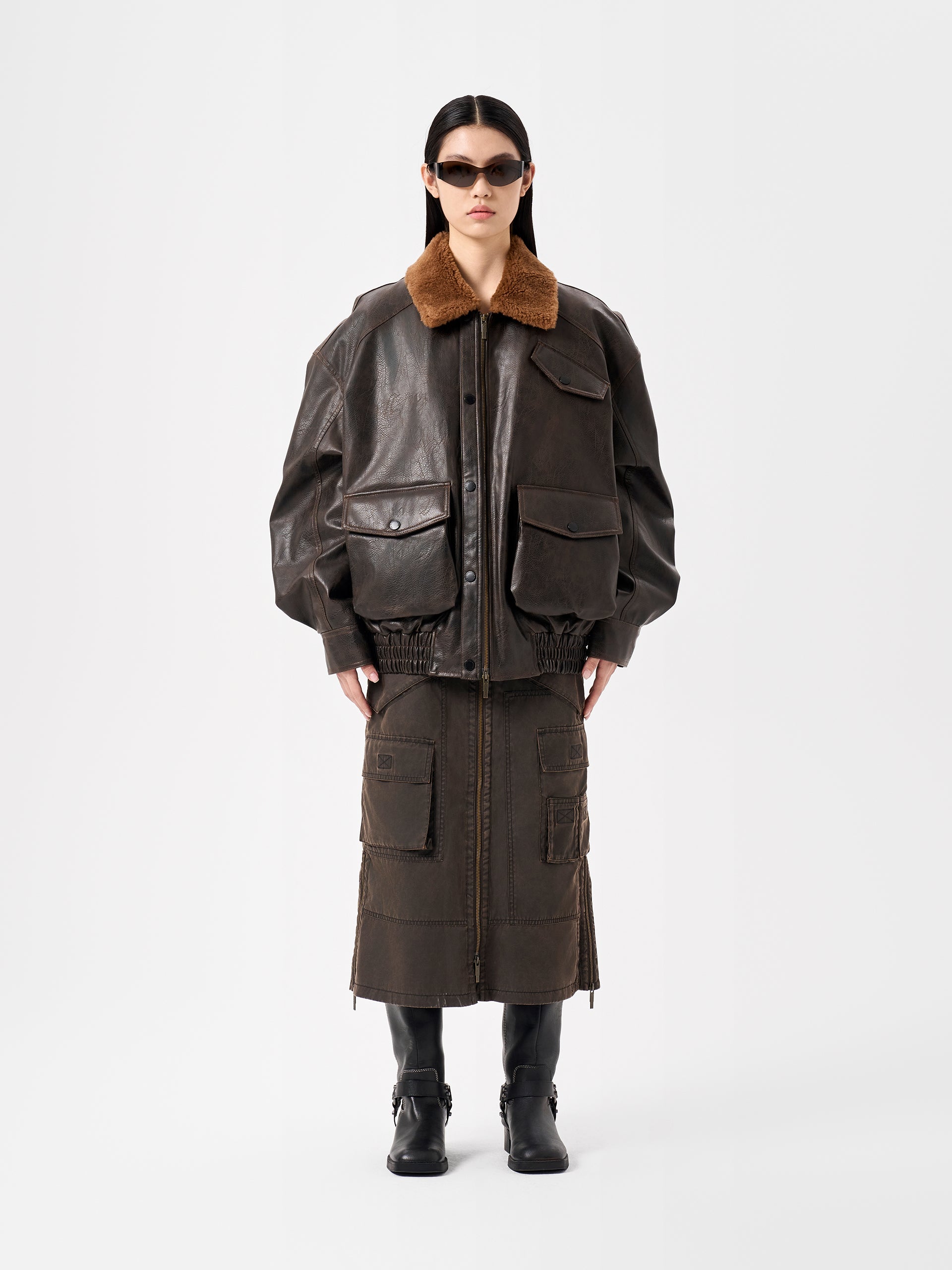 BROWN DECONSTRUCTED NOTCHED COLLAR PUFFER JACKET