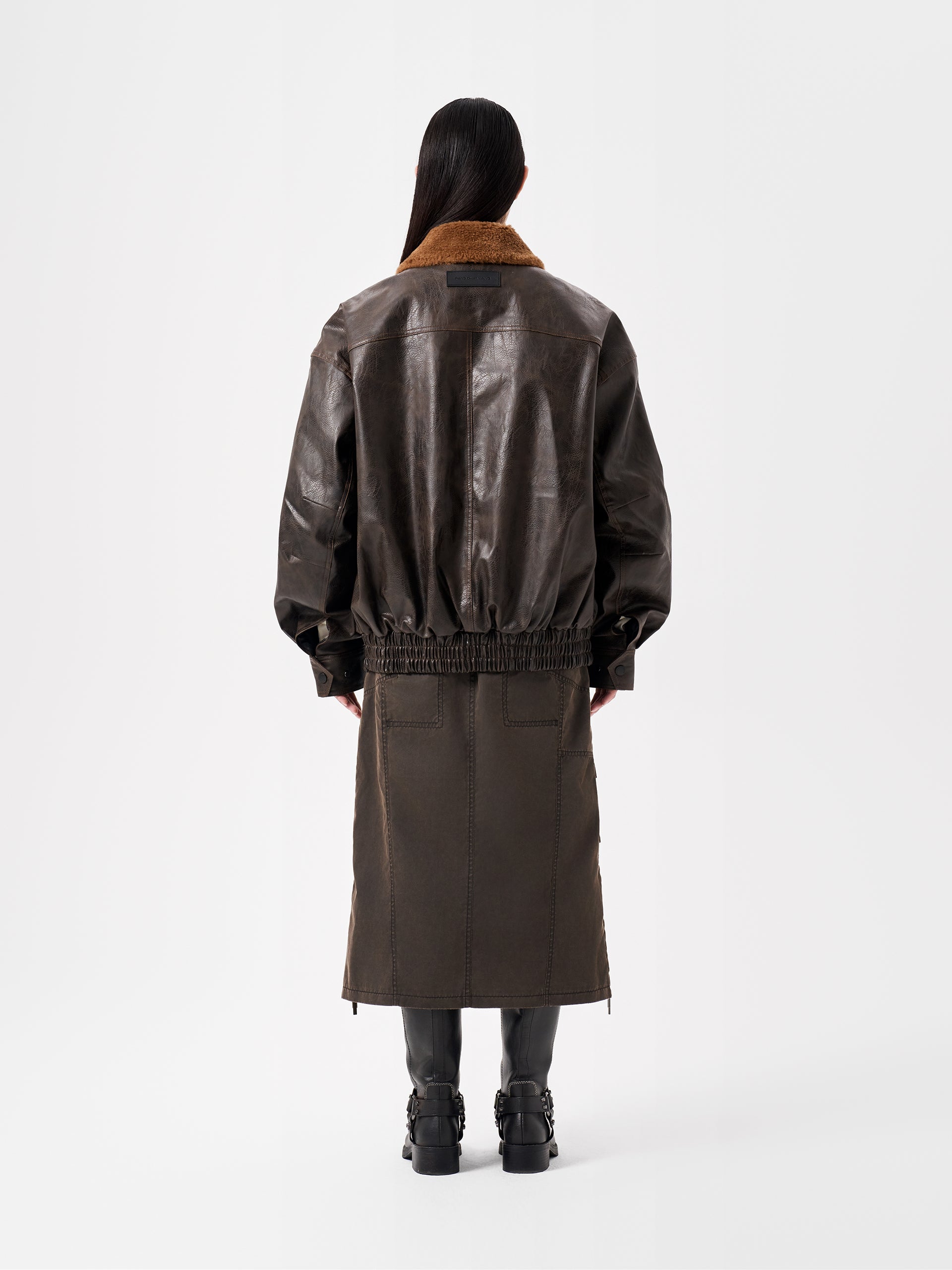 BROWN DECONSTRUCTED NOTCHED COLLAR PUFFER JACKET