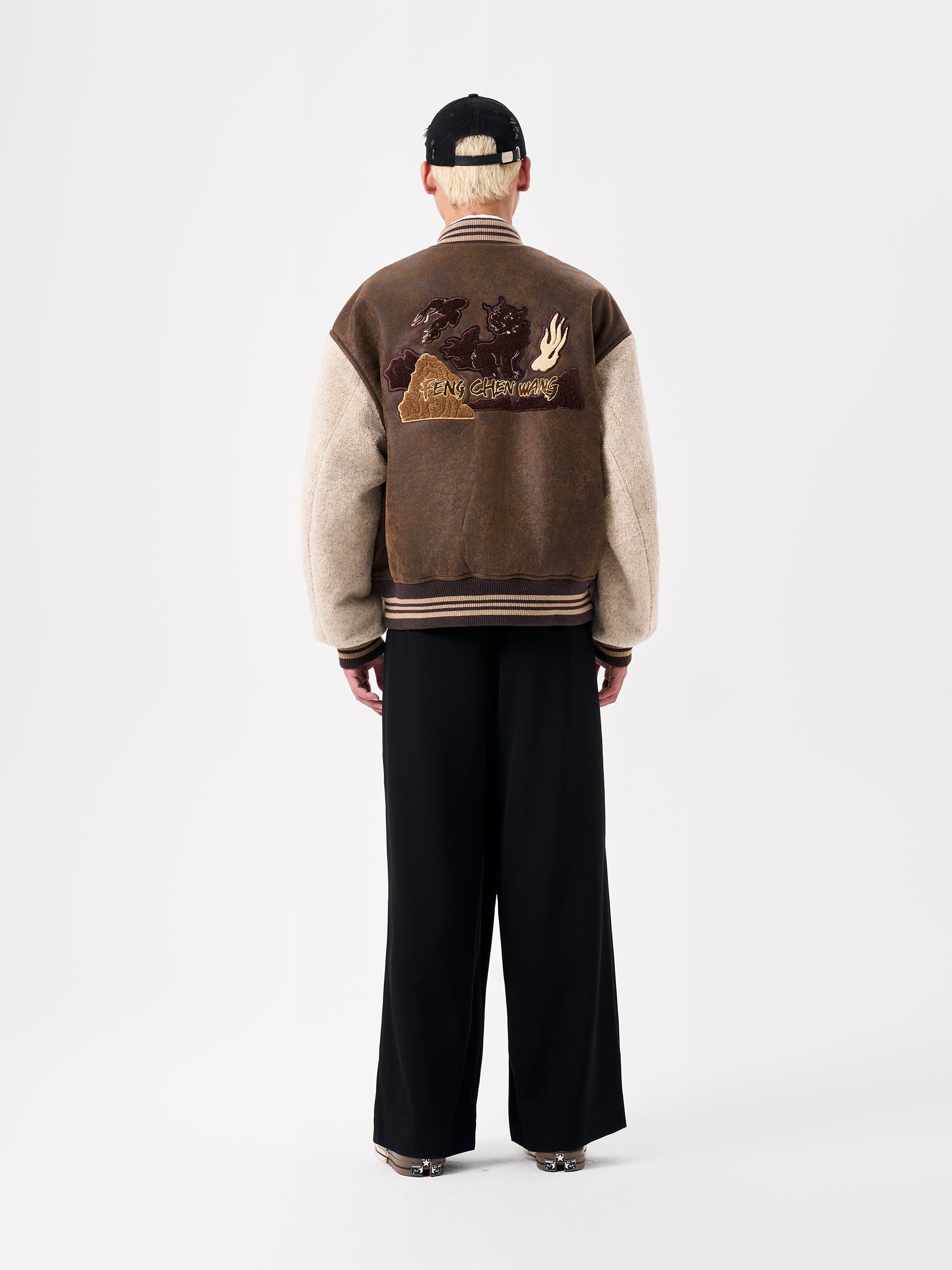 BOMBER SHEARLING JACKET WITH BADGE PATCHES