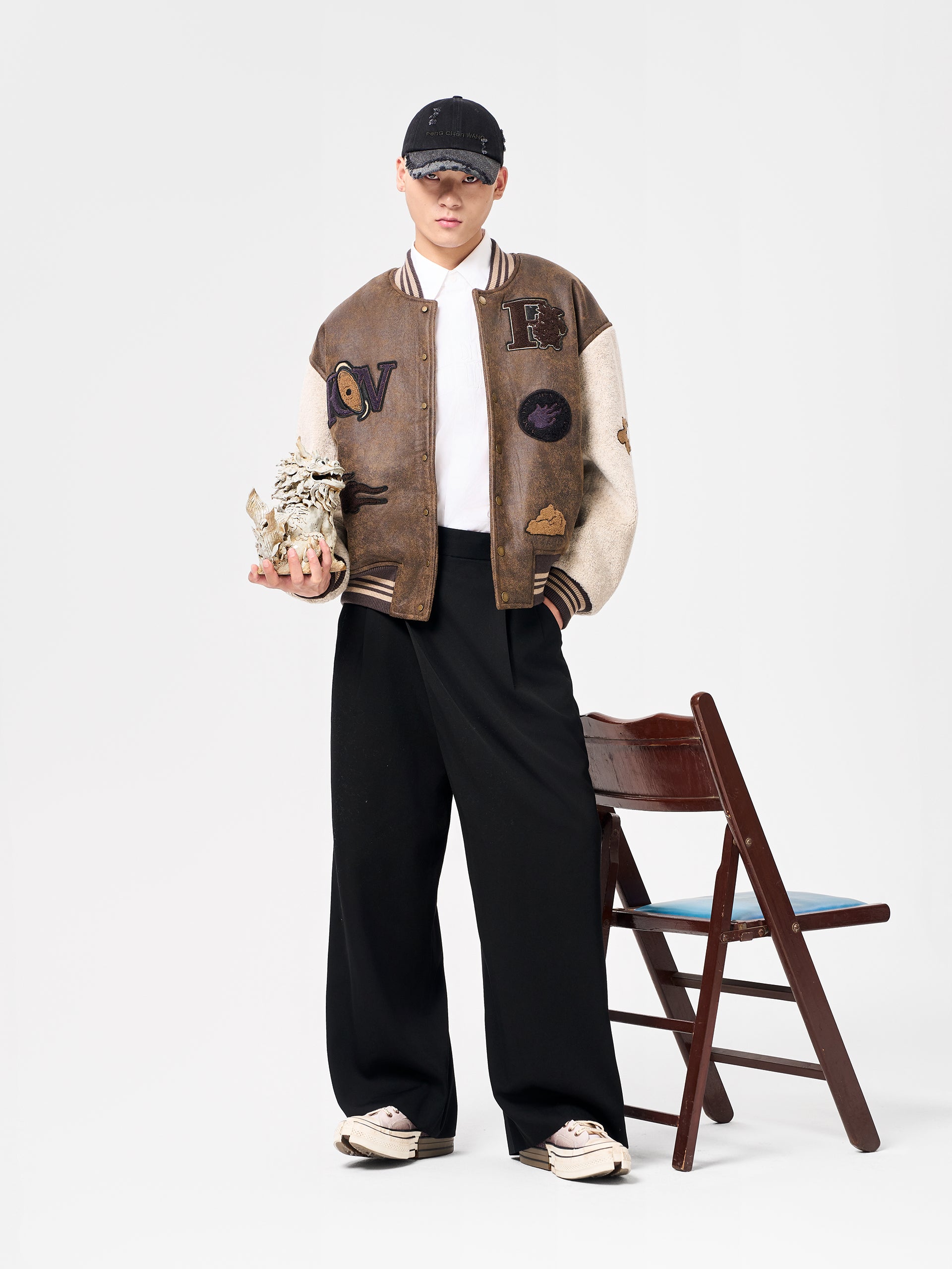 BOMBER SHEARLING JACKET WITH BADGE PATCHES