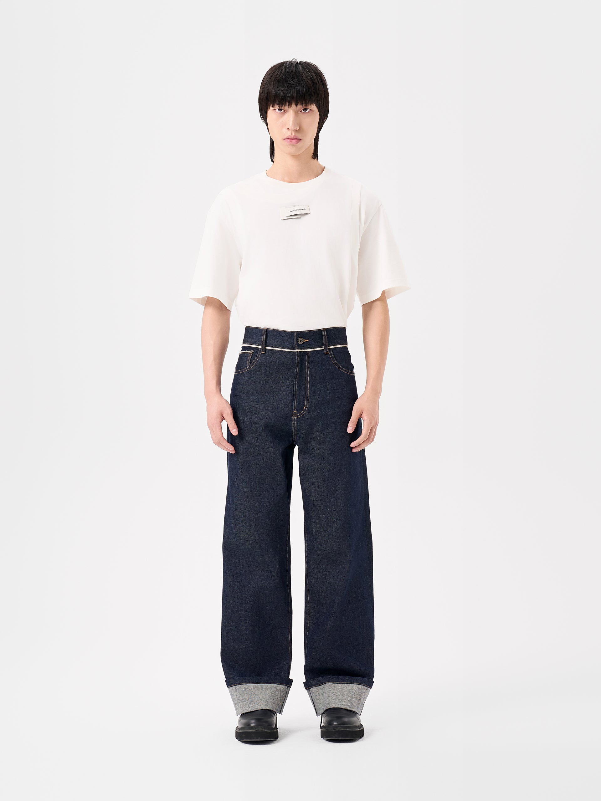 NAVY BLUE CUFFED STRAIGHT-LEG JEANS