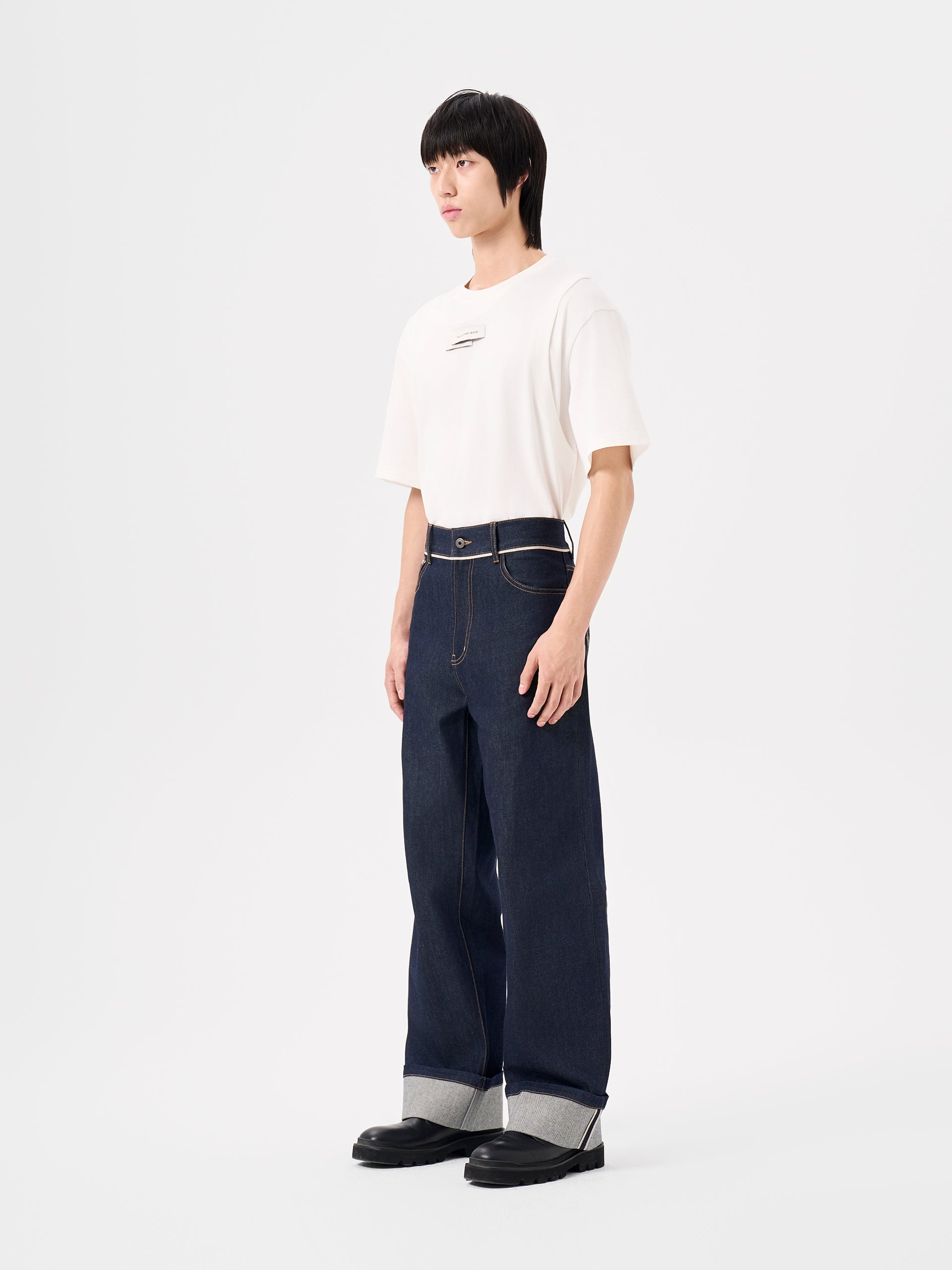 NAVY BLUE CUFFED STRAIGHT-LEG JEANS