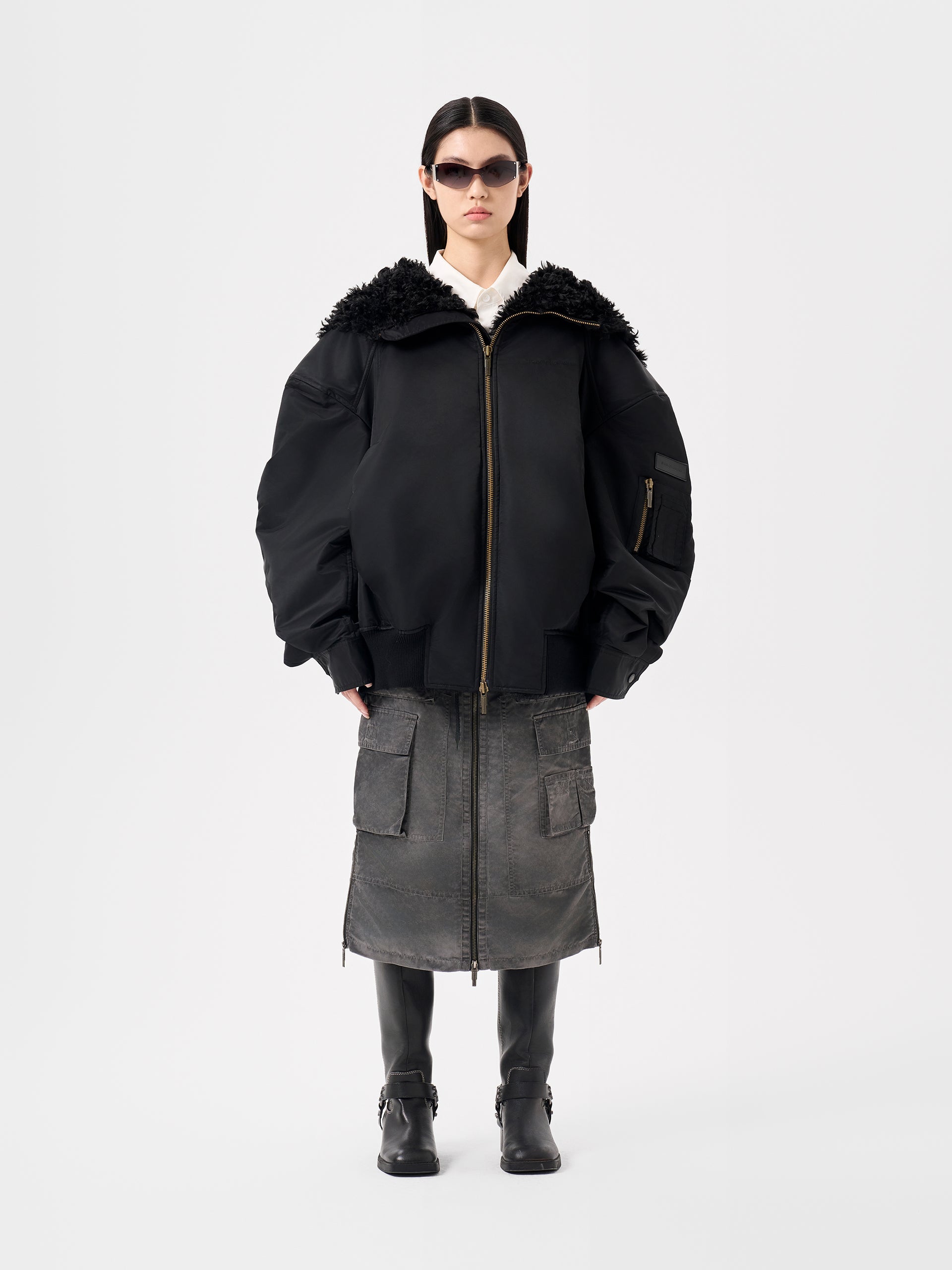 BLACK NOTCHED COLLAR OVERSIZE-FIT PUFFER JACKET