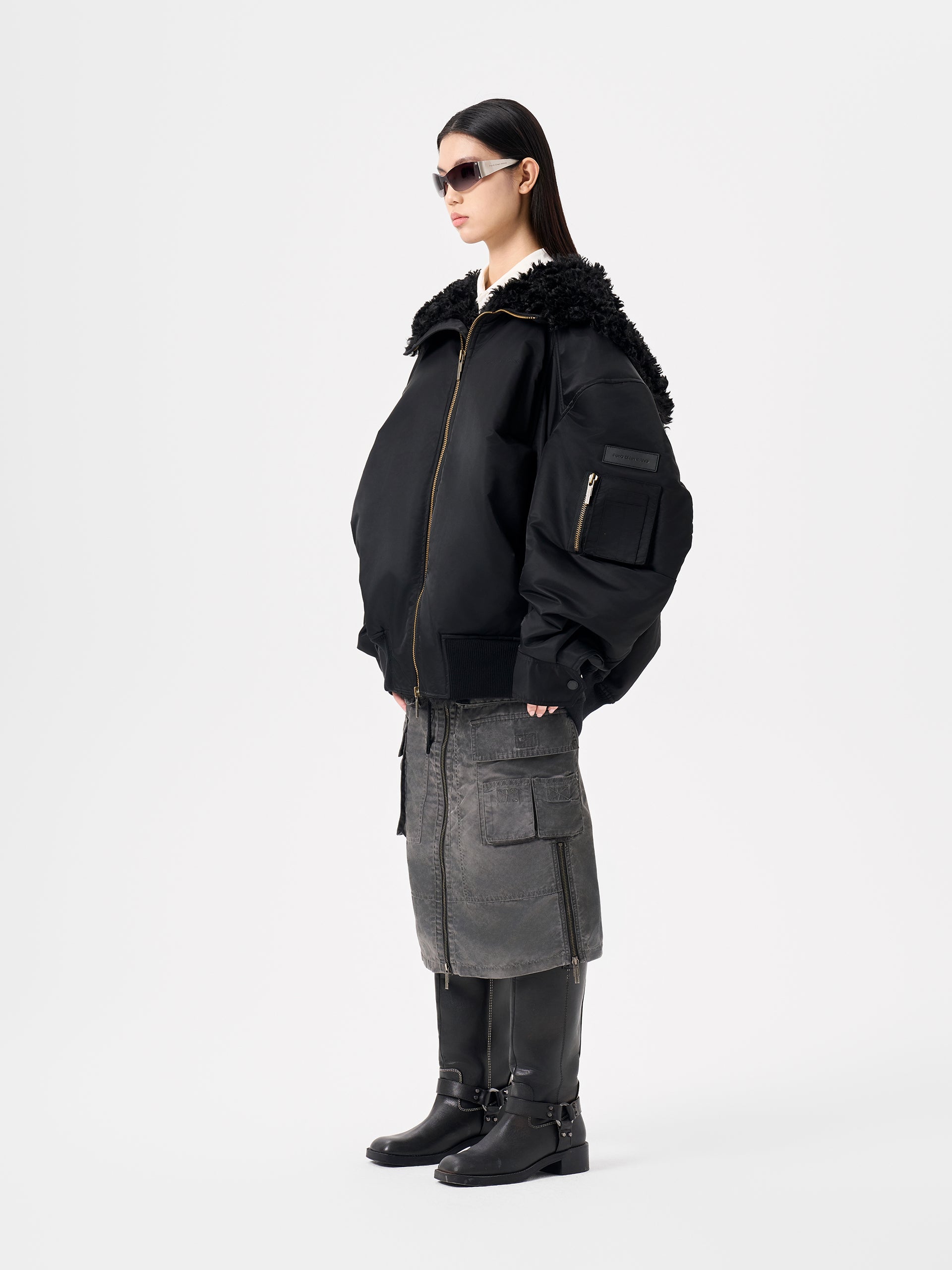 BLACK NOTCHED COLLAR OVERSIZE-FIT PUFFER JACKET