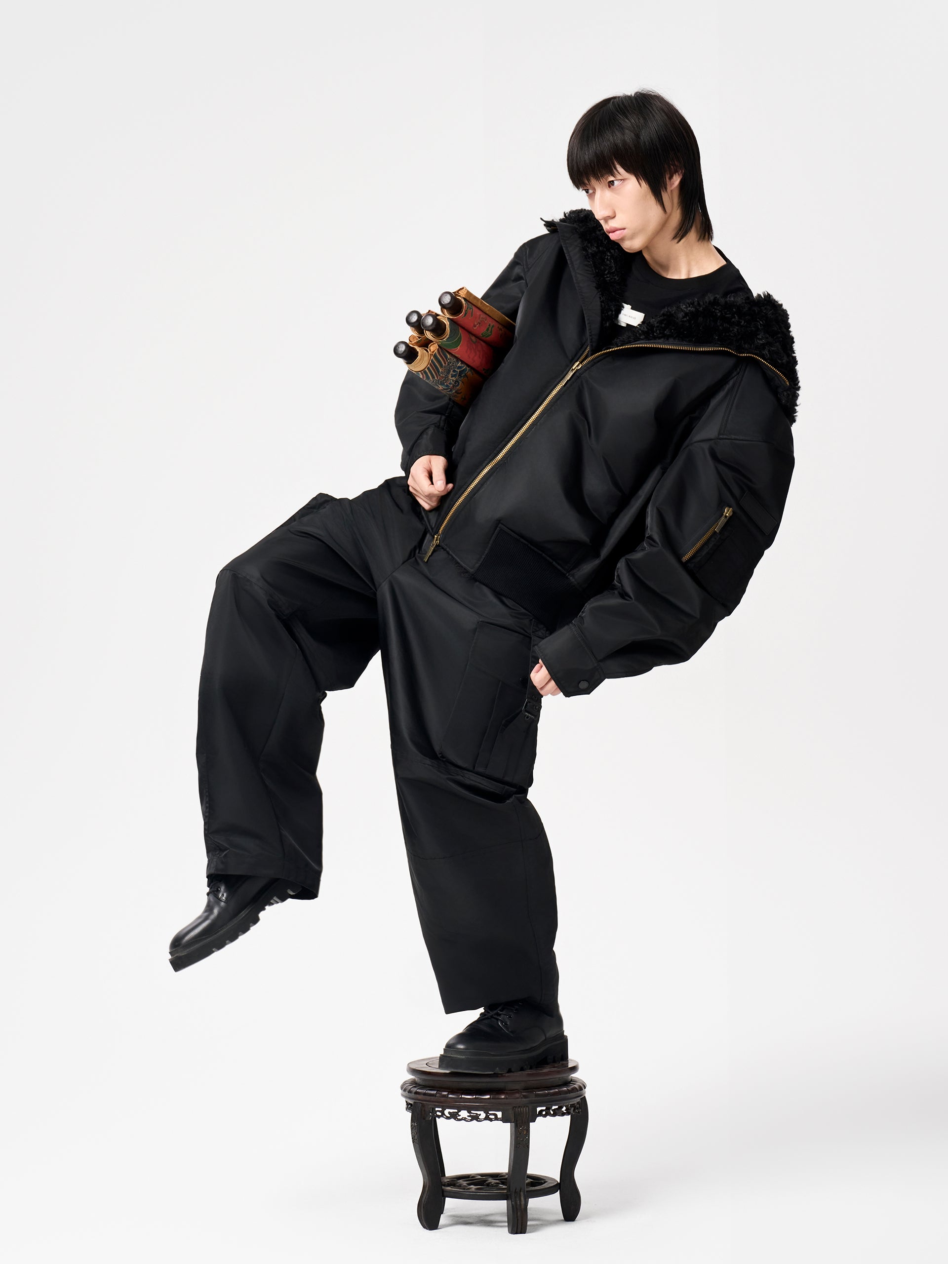 BLACK NOTCHED COLLAR OVERSIZE-FIT PUFFER JACKET