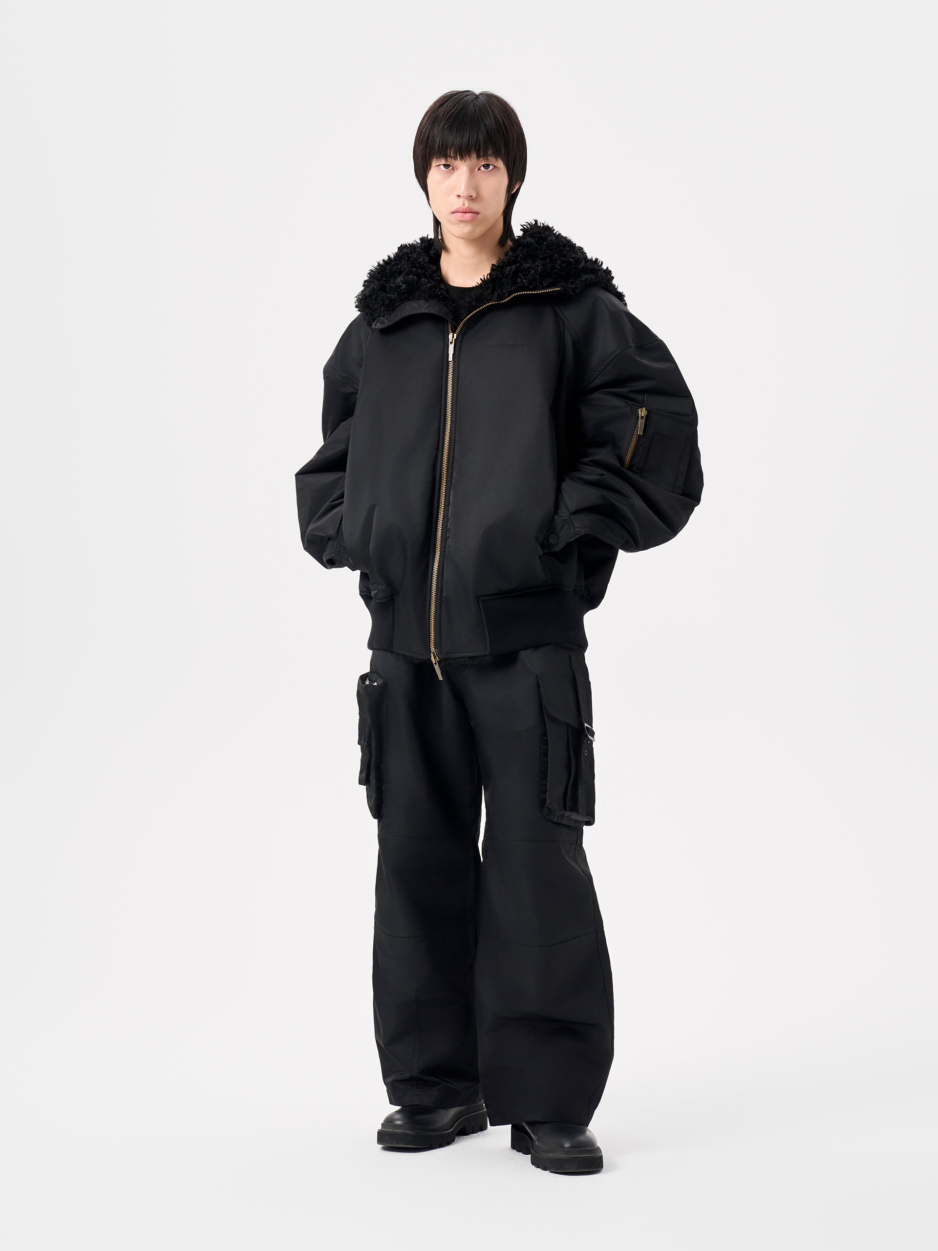 BLACK NOTCHED COLLAR OVERSIZE-FIT PUFFER JACKET
