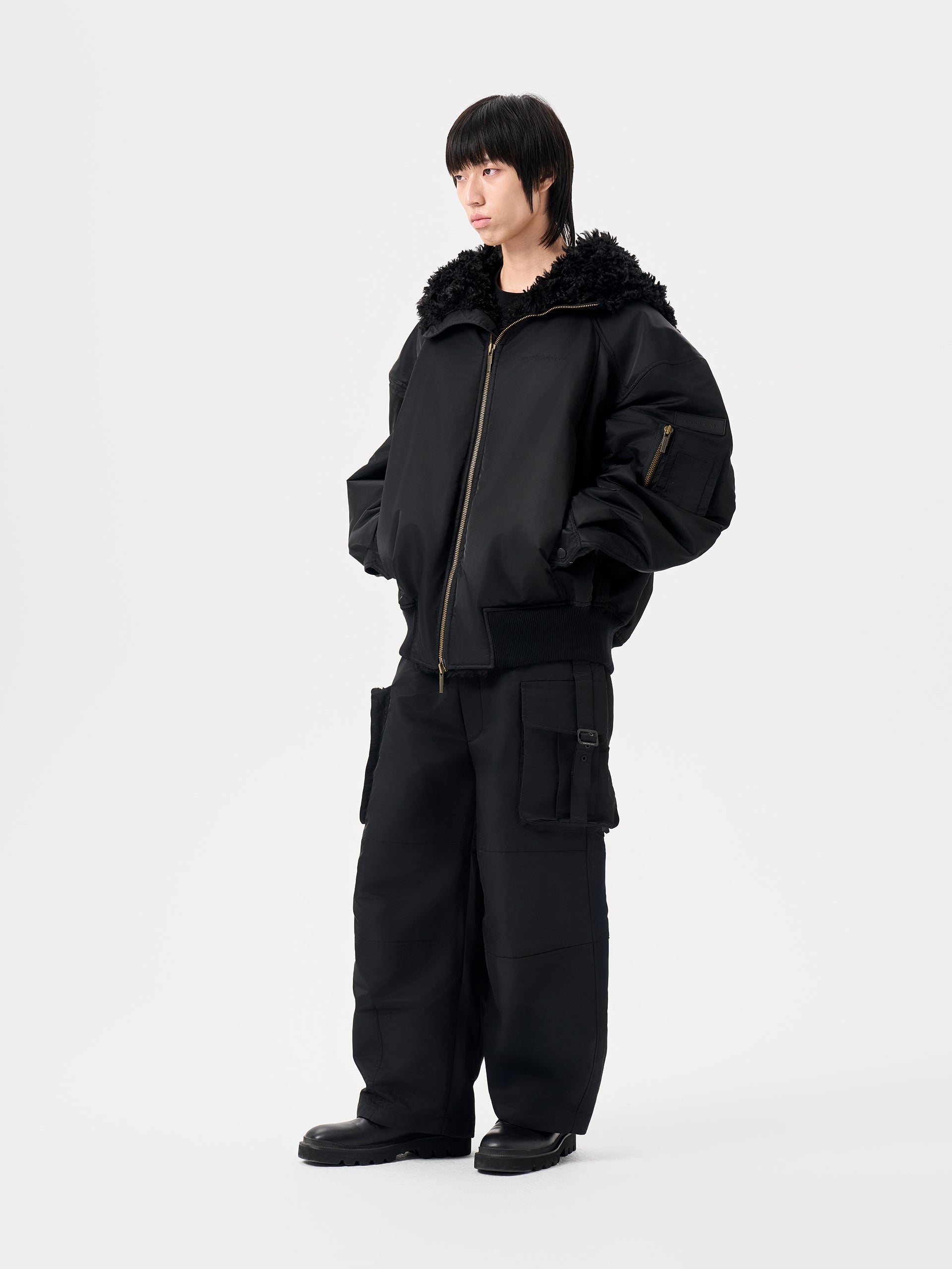 BLACK NOTCHED COLLAR OVERSIZE-FIT PUFFER JACKET