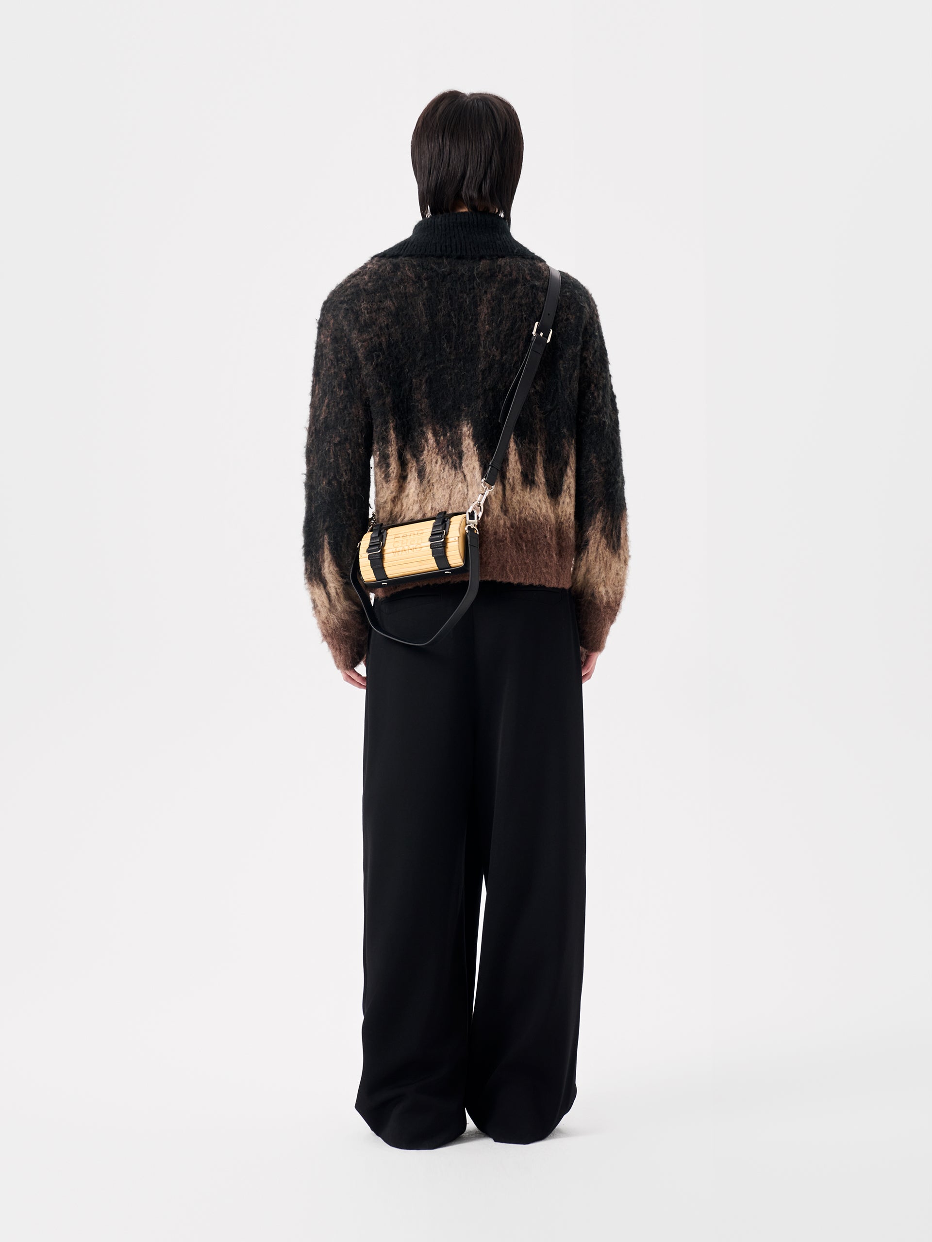 BLACK AND BROWN JACQUARD KNIT ZIP-UP CARDIGAN