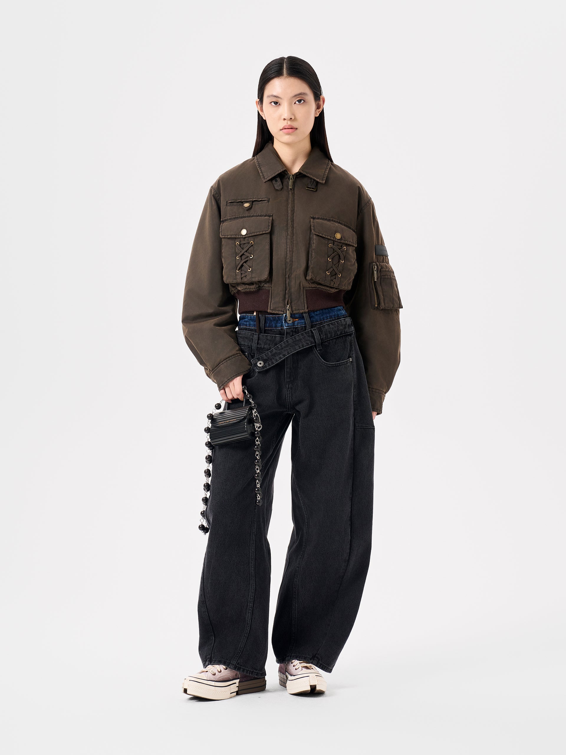 BLACK DOUBLE WAISTBAND CURVED SEAM JEANS