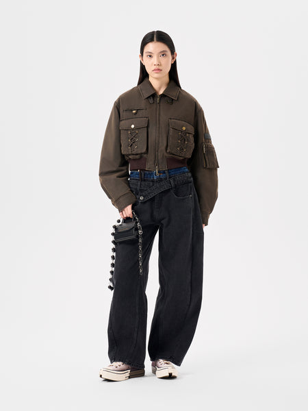 BLACK DOUBLE WAISTBAND CURVED SEAM JEANS – Feng Chen Wang