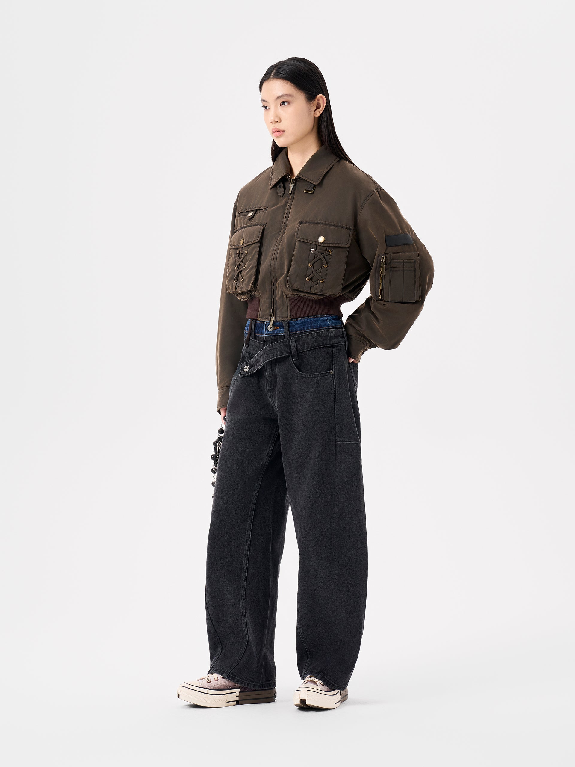 BLACK DOUBLE WAISTBAND CURVED SEAM JEANS