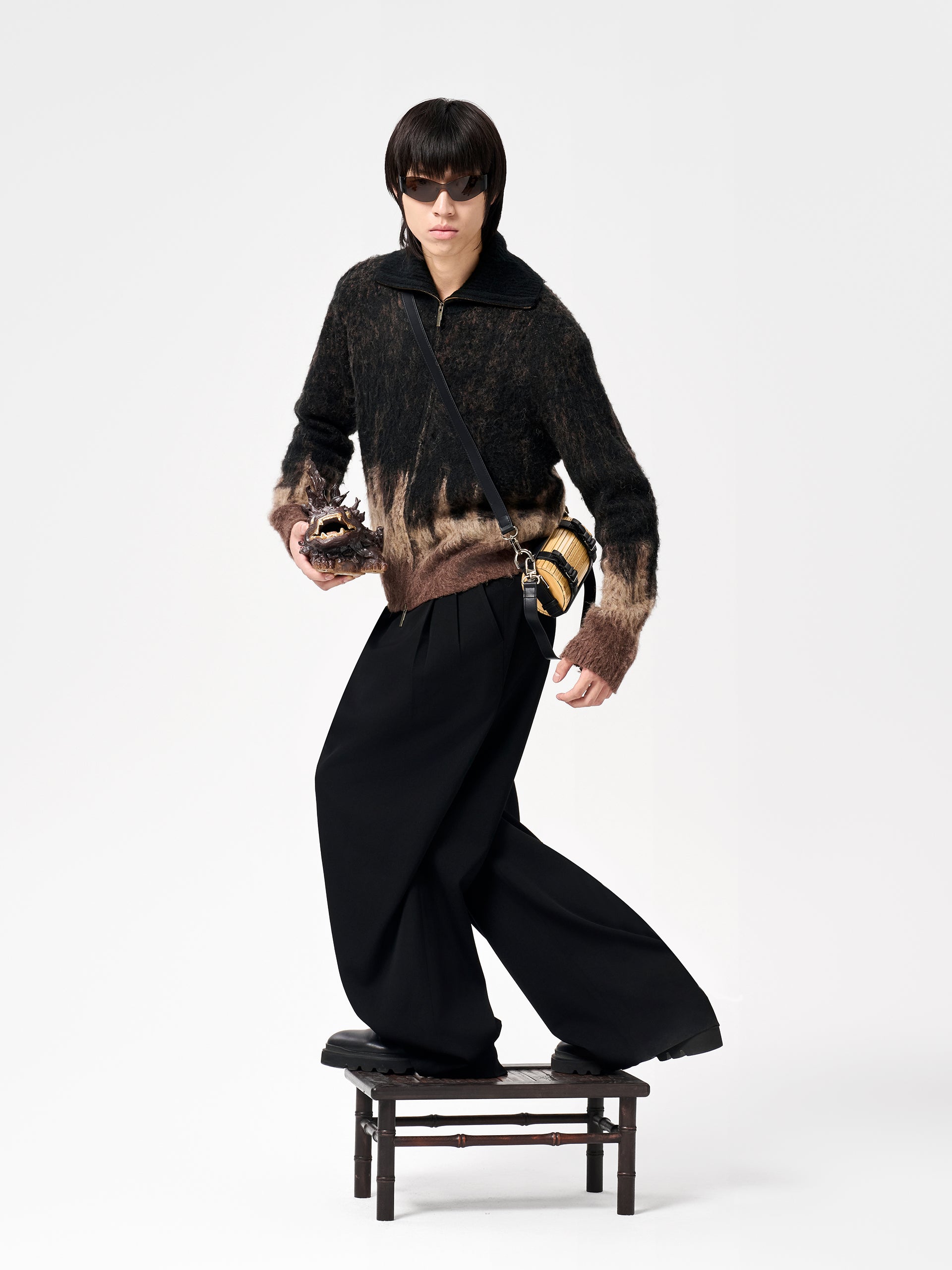 BLACK AND BROWN JACQUARD KNIT ZIP-UP CARDIGAN