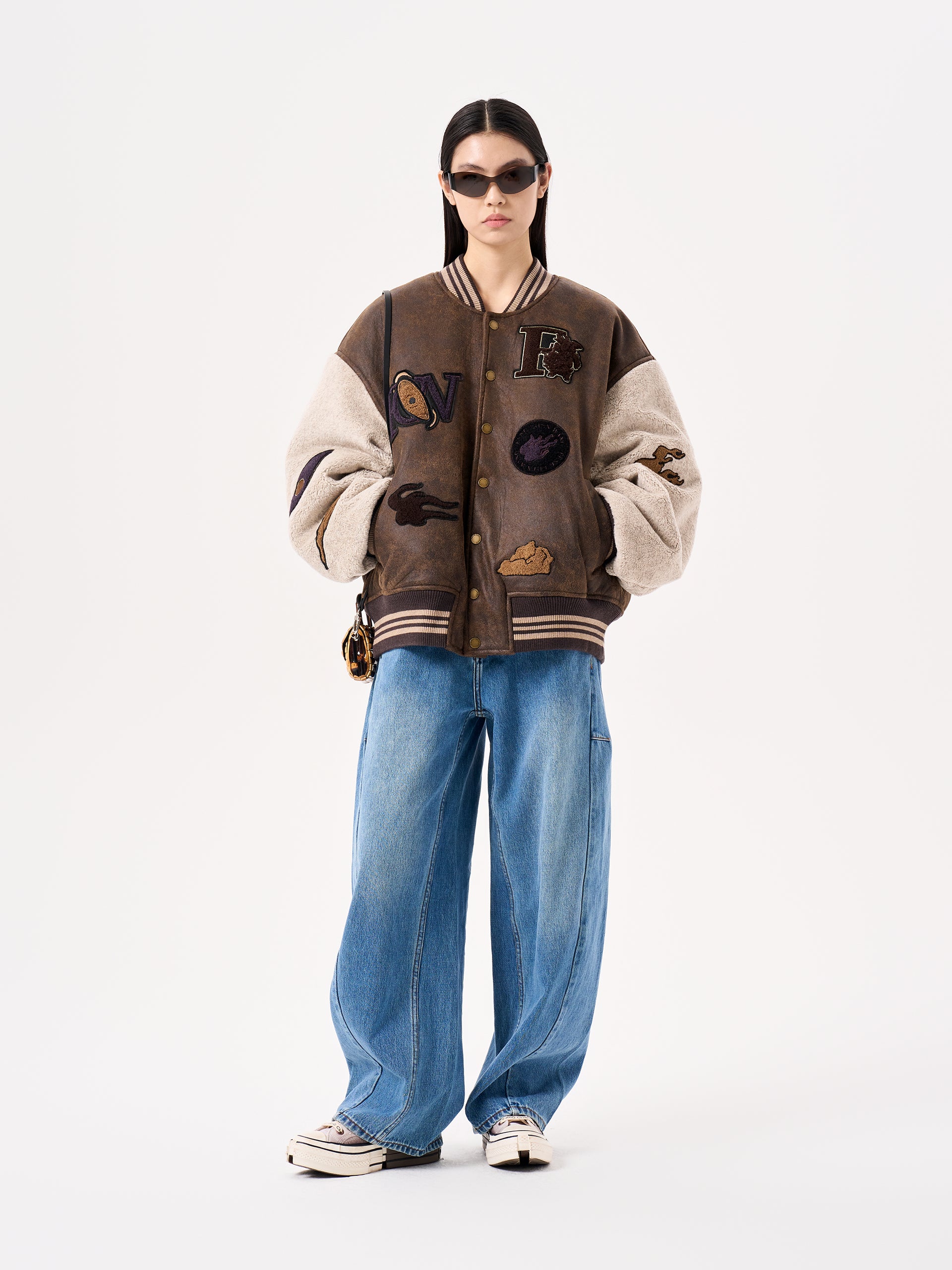 BOMBER SHEARLING JACKET WITH BADGE PATCHES
