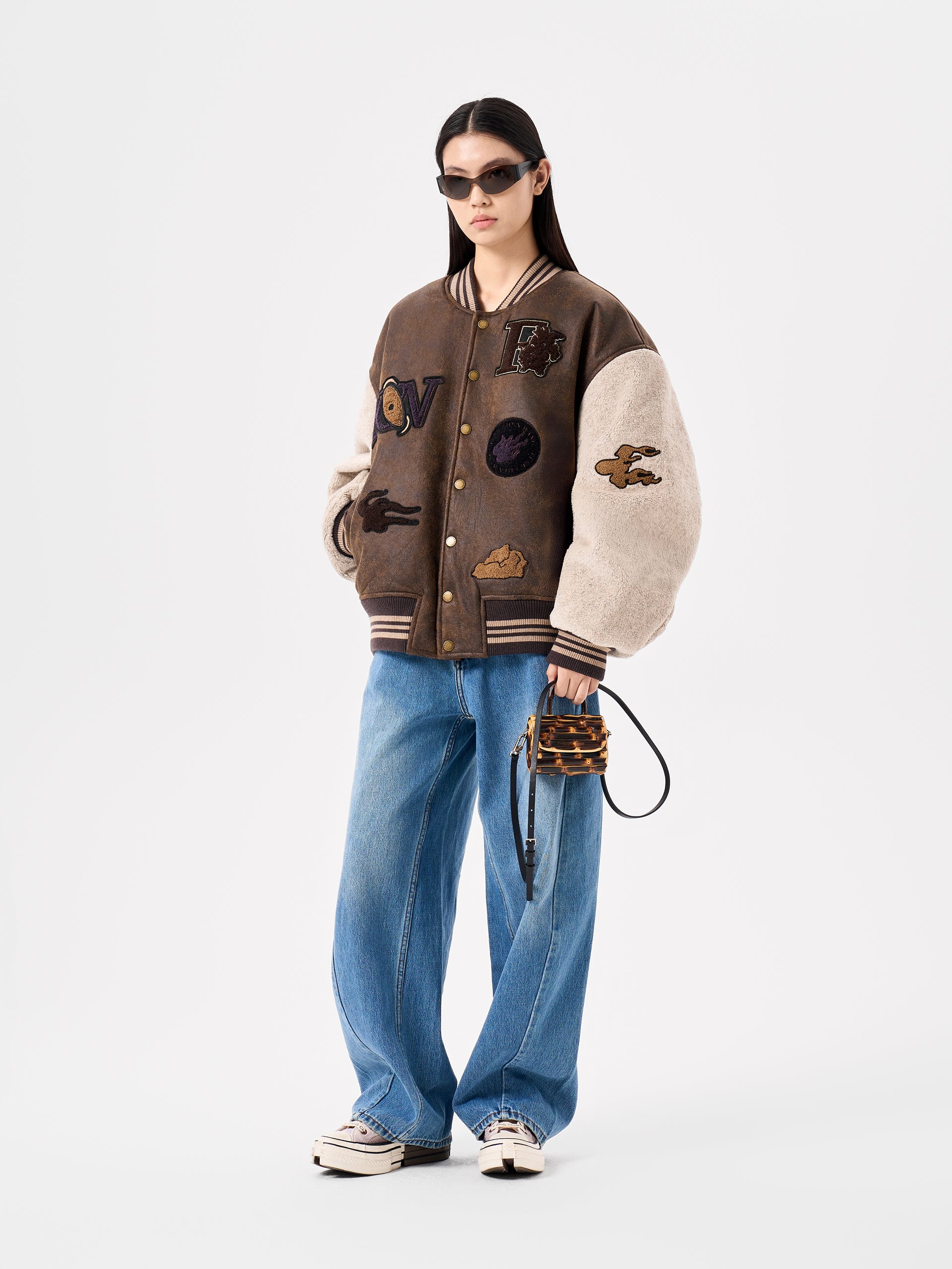 BOMBER SHEARLING JACKET WITH BADGE PATCHES