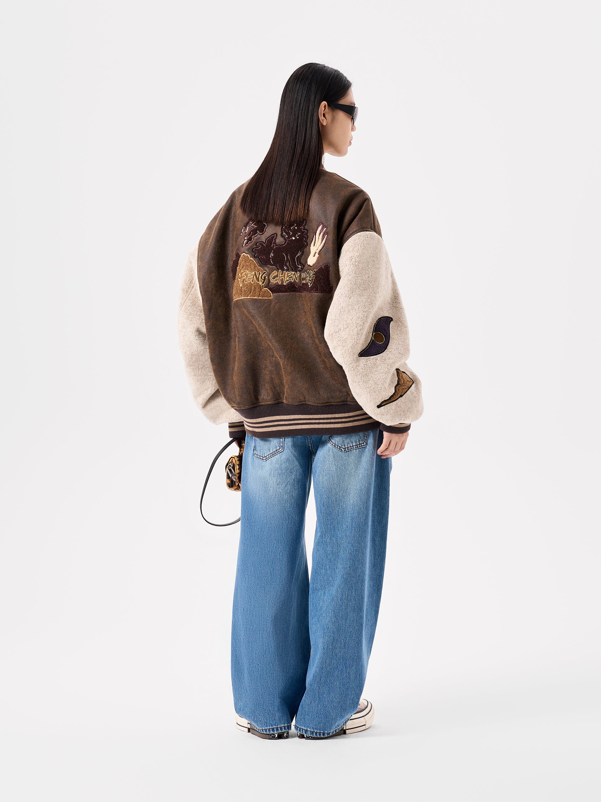 BOMBER SHEARLING JACKET WITH BADGE PATCHES
