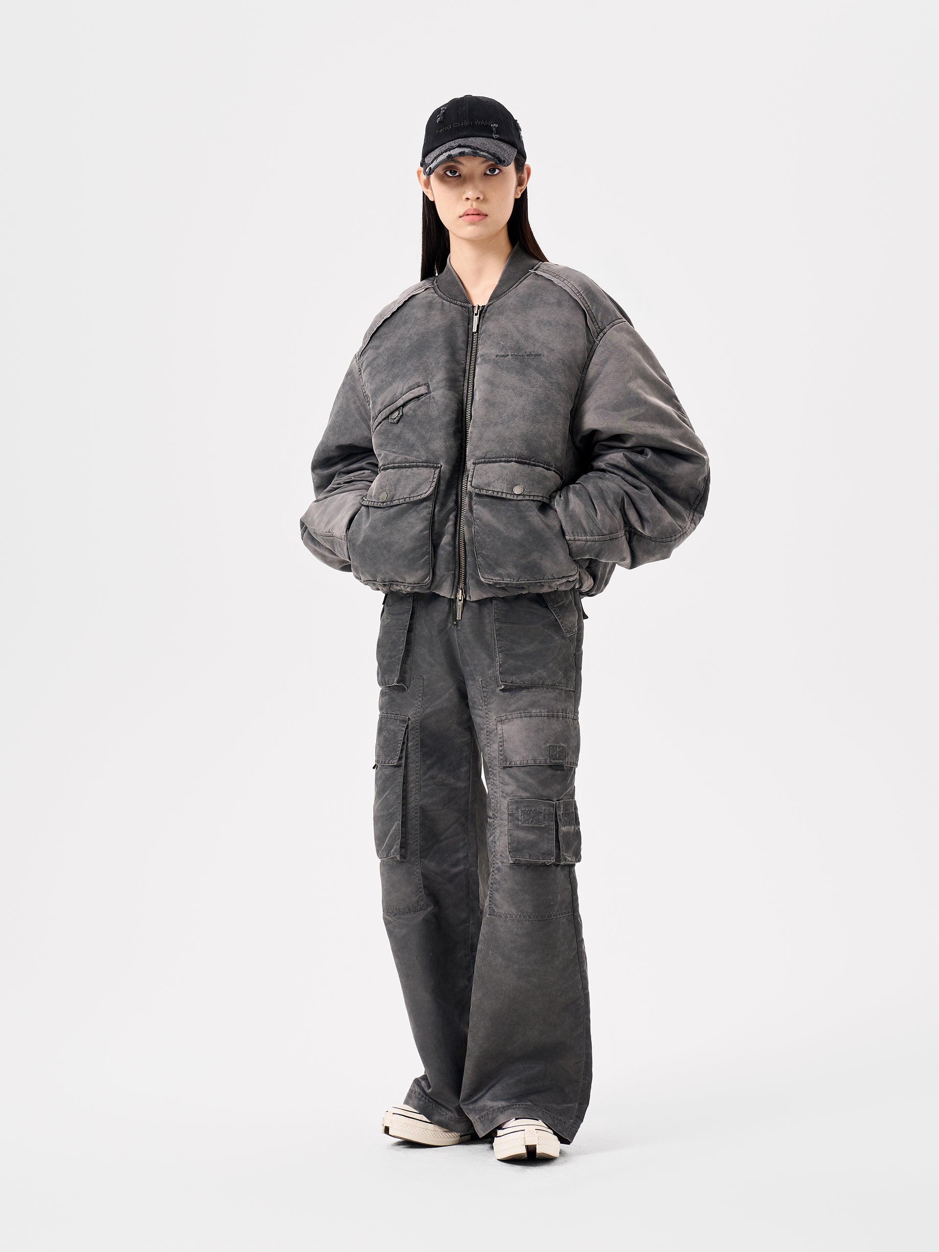 GREY SANDWASHED VARSITY PUFFER JACKET