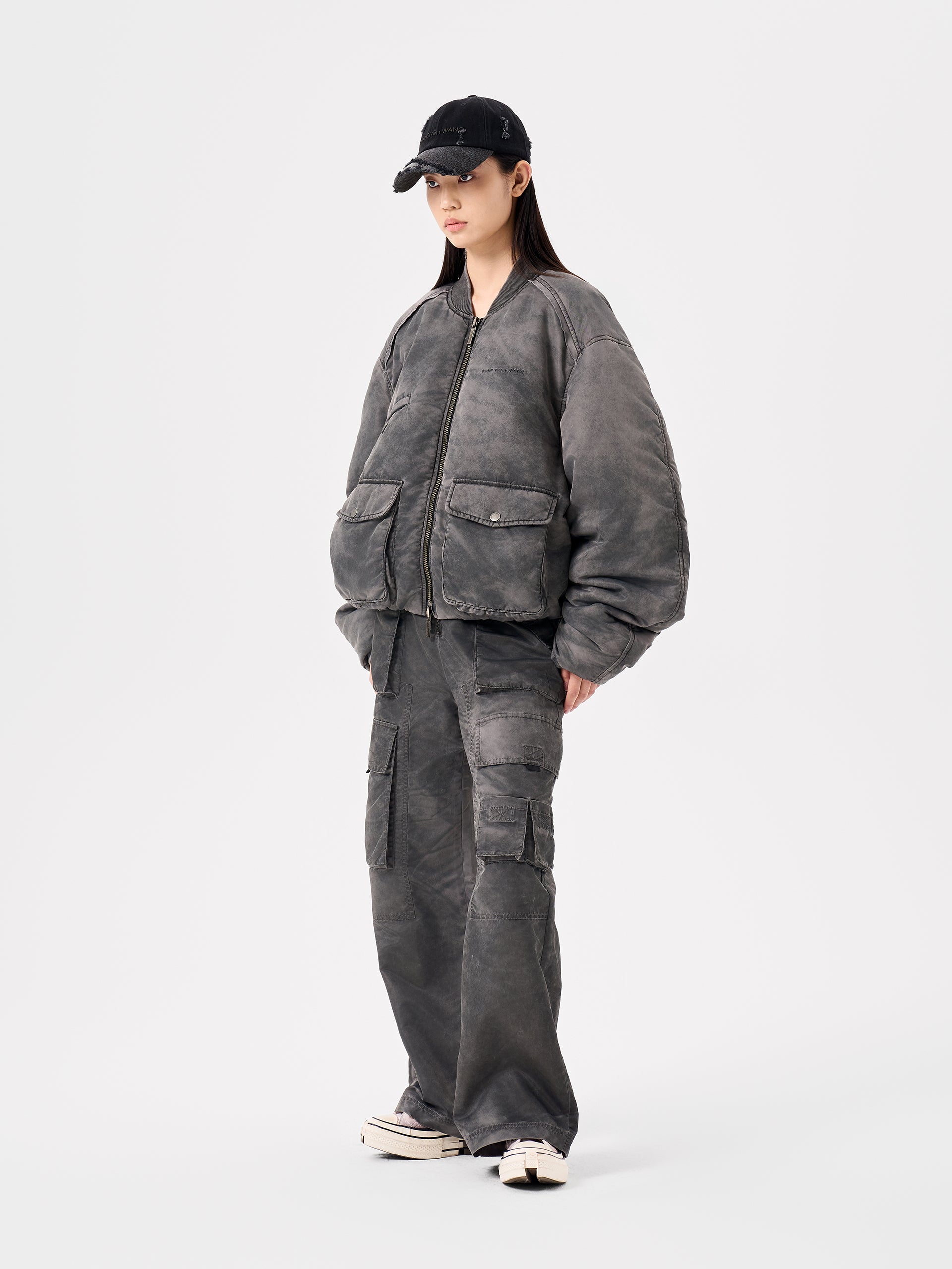 GREY SANDWASHED VARSITY PUFFER JACKET
