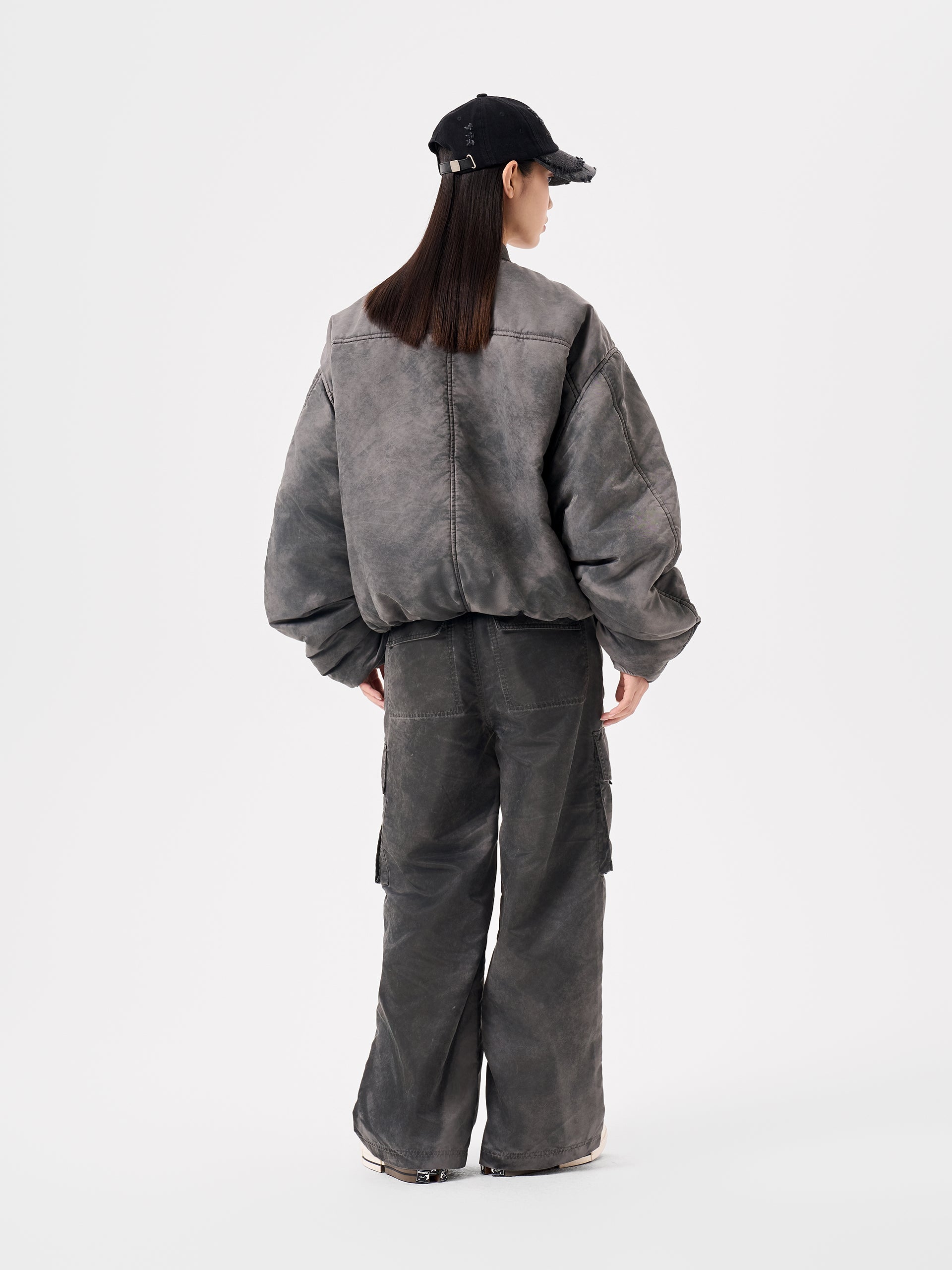 GREY SANDWASHED VARSITY PUFFER JACKET