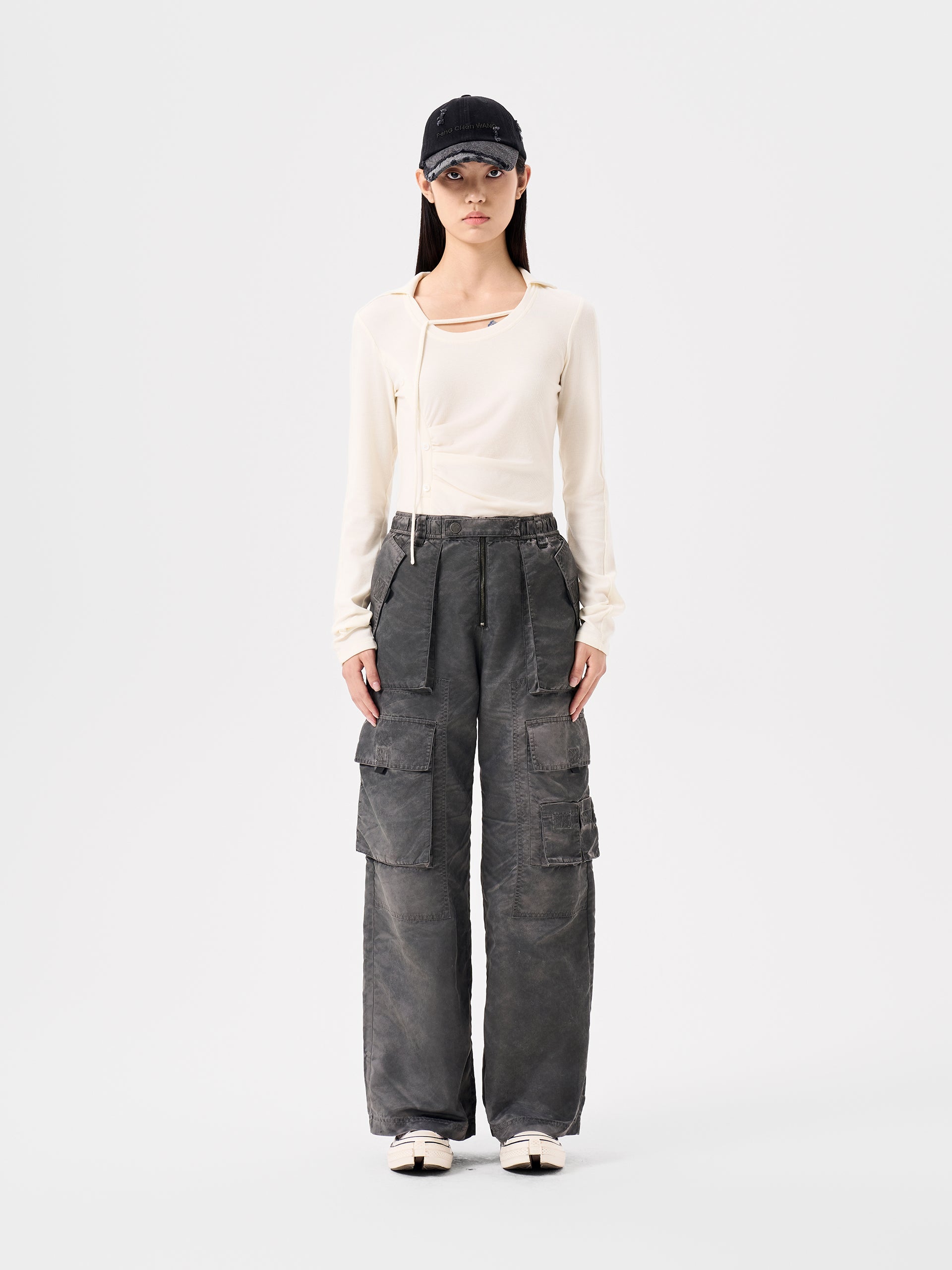 GREY SANDWASHED NYLON UTILITY PANTS