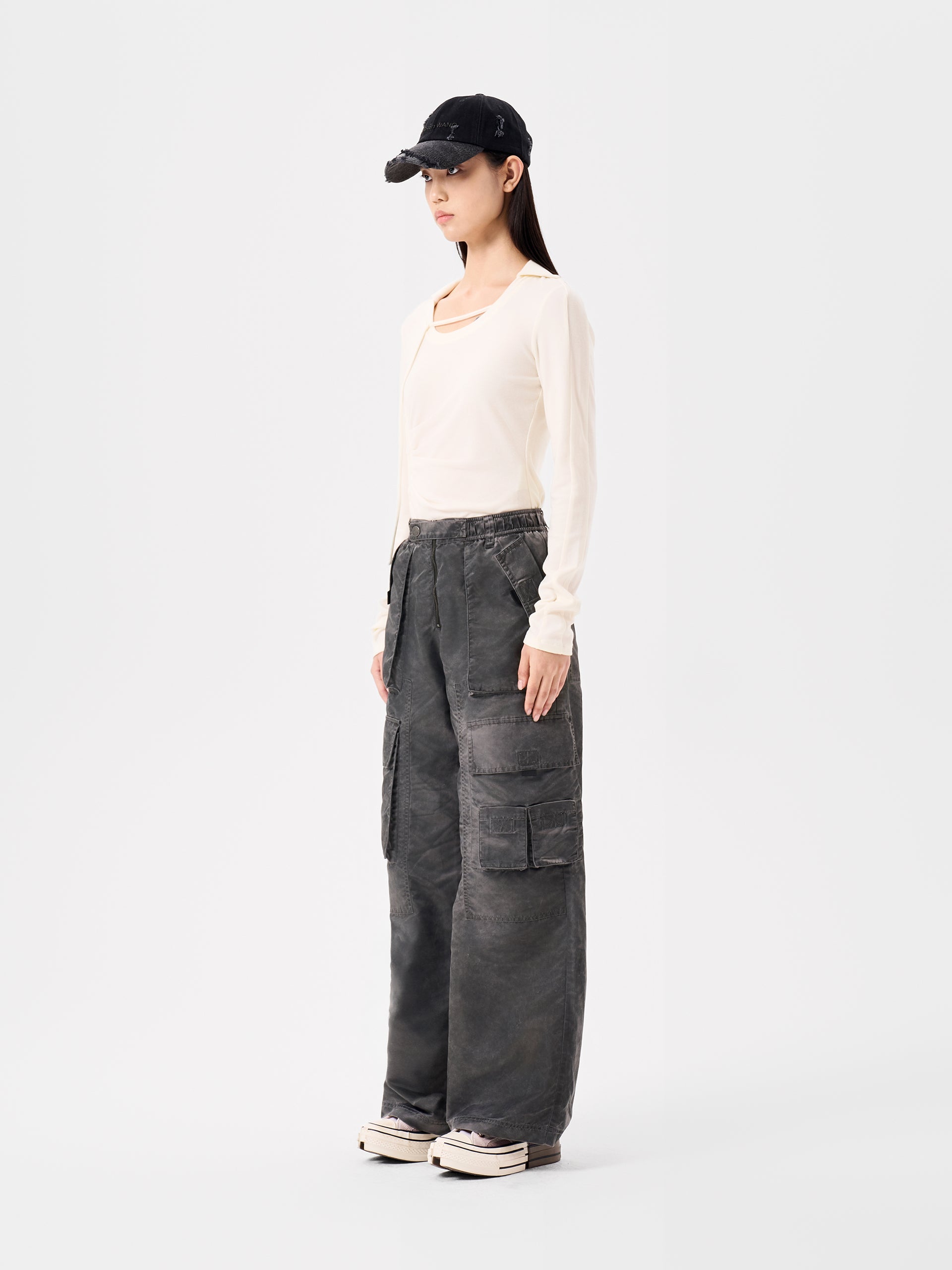GREY SANDWASHED NYLON UTILITY PANTS
