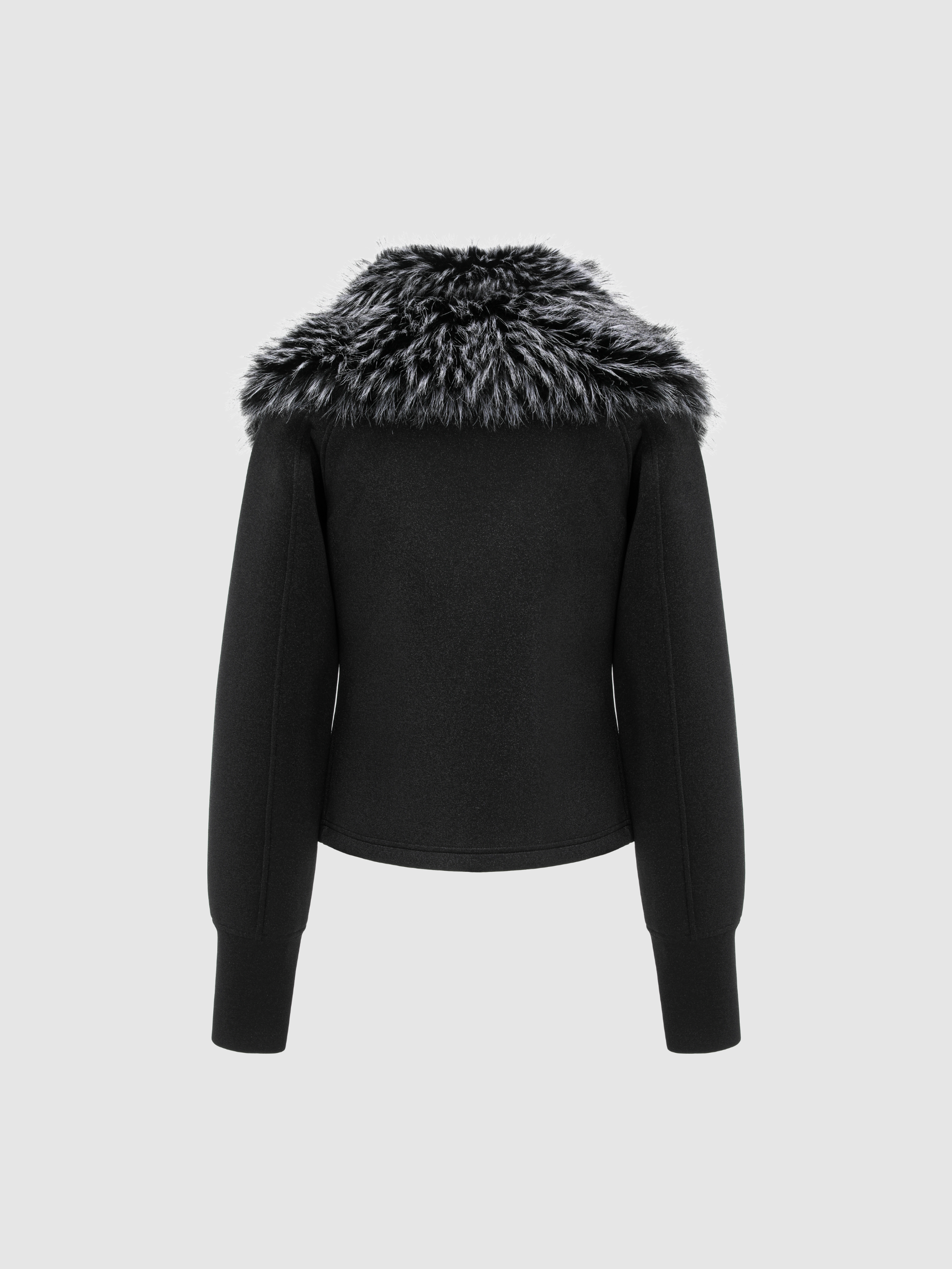 BLACK ZIP-UP TOP WITH DETACHABLE FAUX-FUR COLLAR