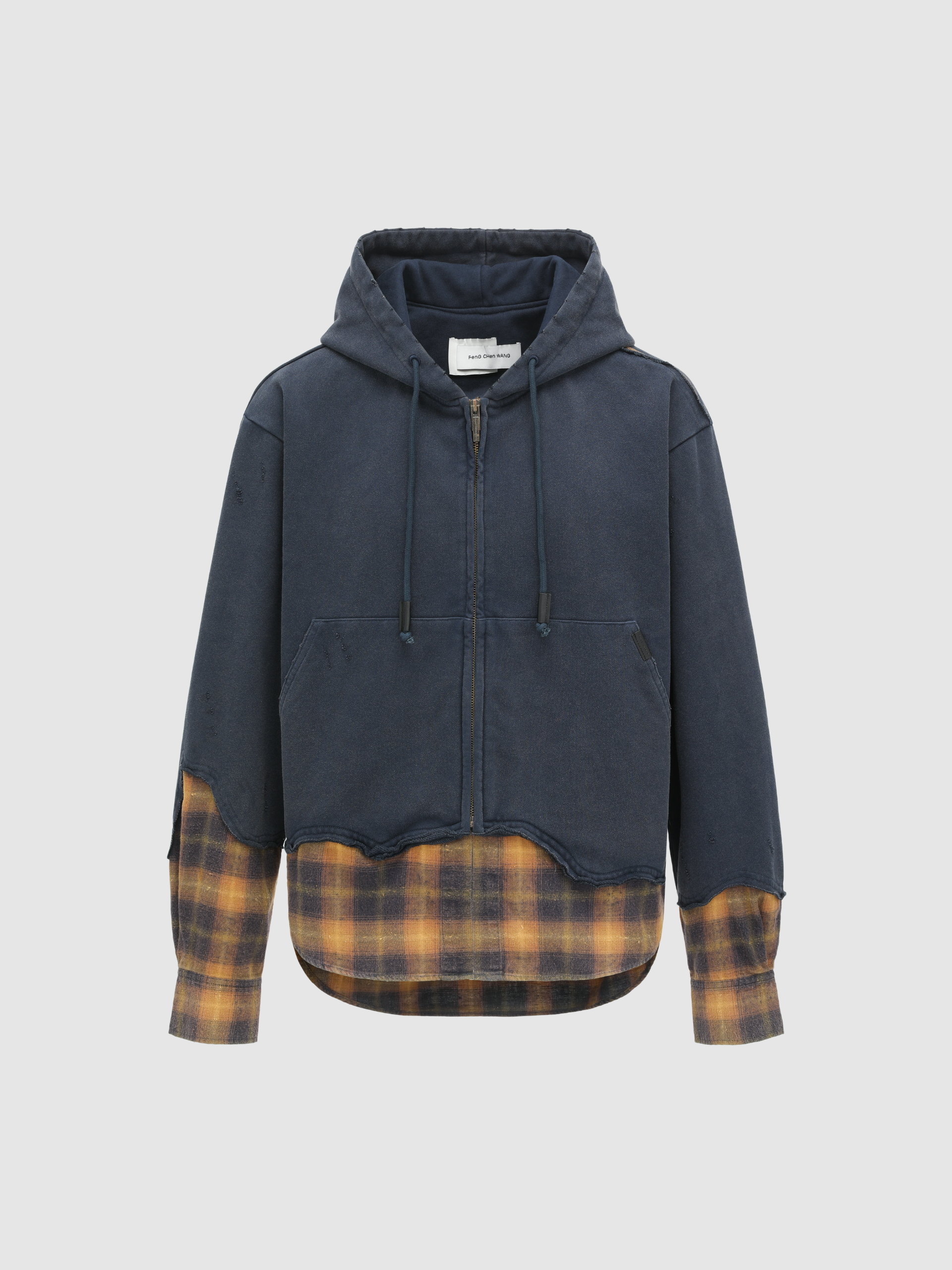 NAVY PLAID-PANEL ZIP-UP HOODIE