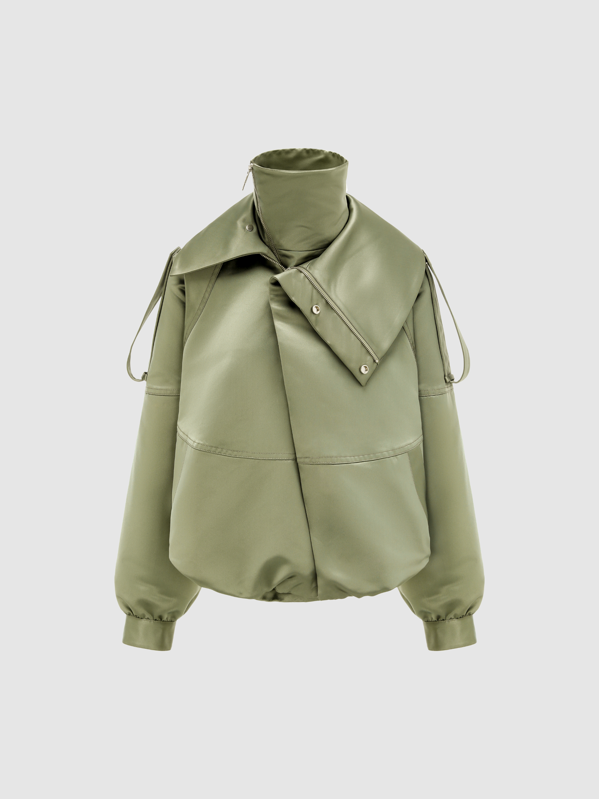 ASYMMETRIC DOUBLE COLLAR SATIN-SURFACE OVERSIZE JACKET WITH SLANTED PLANKET