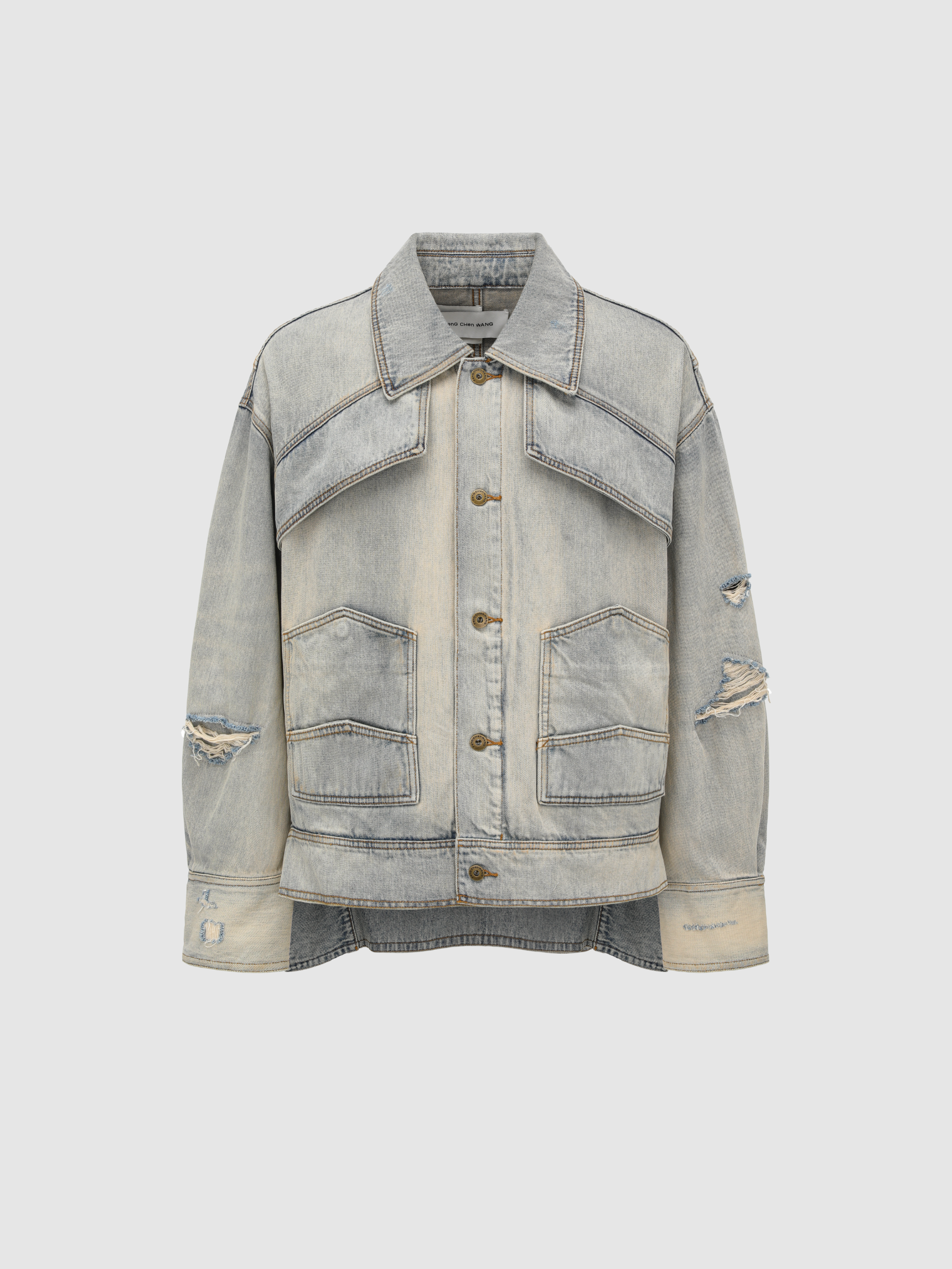 LIGHT BLUE INVERTED-CONSTRUCTION DISTRESSED DENIM JACKET