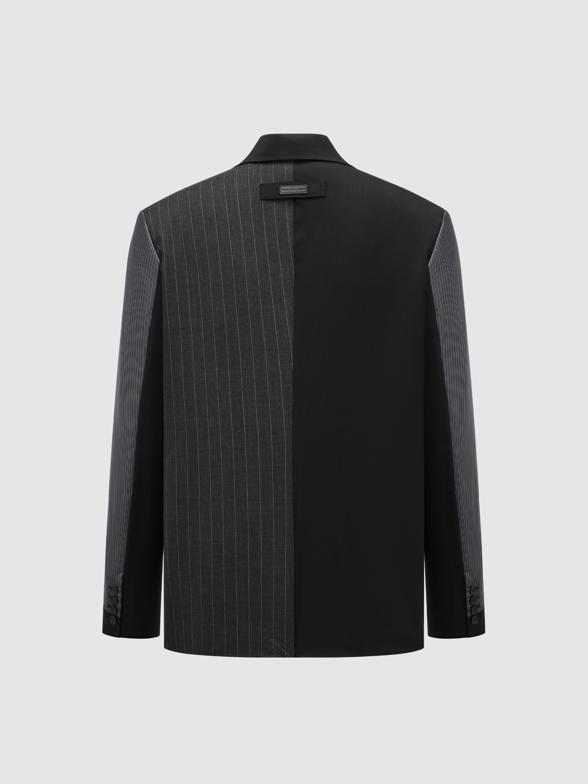 BLACK AND GREY PANELED BLAZER WITH INVERTED STRIPE SLEEVES