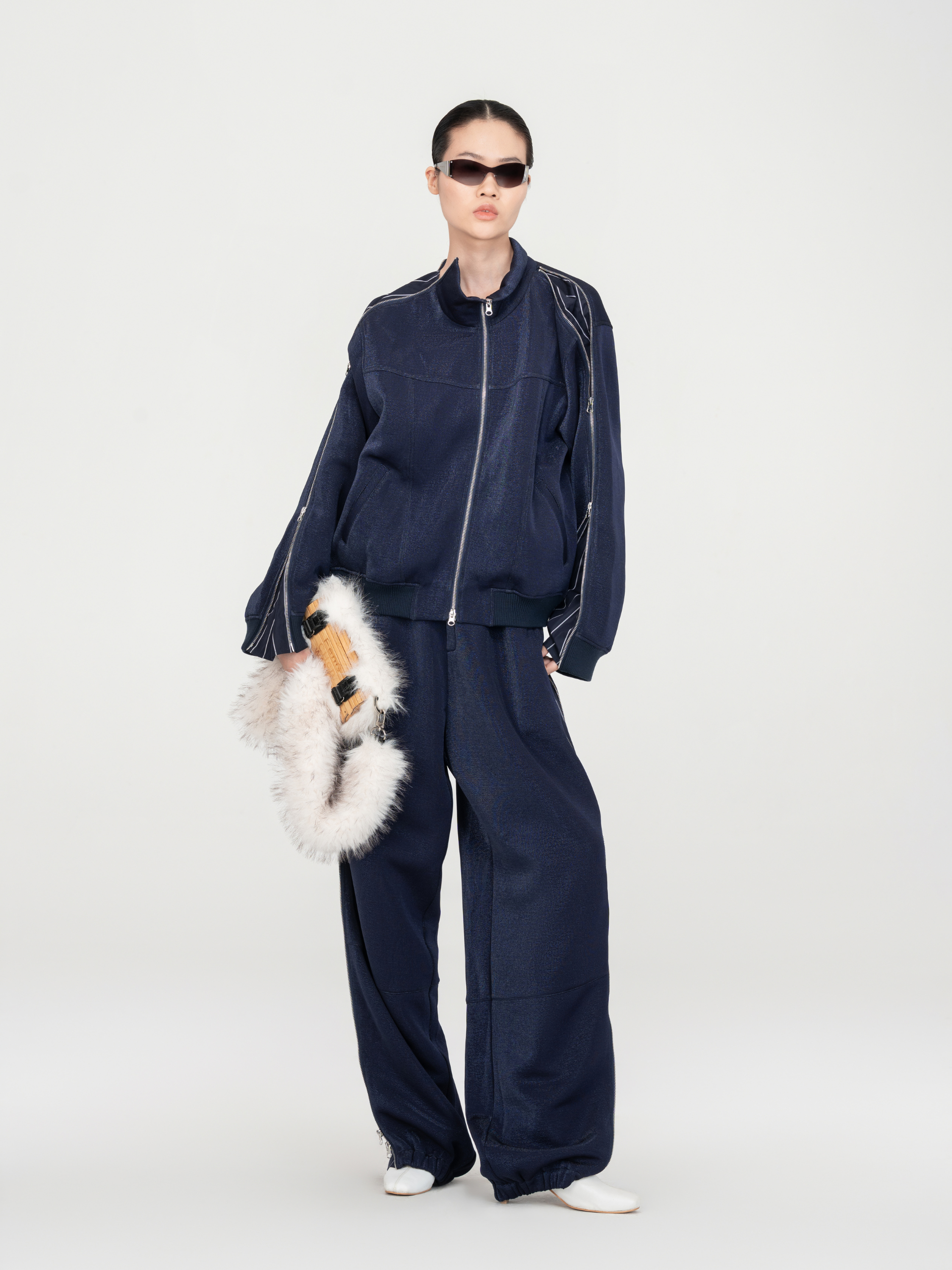 NAVY SUBTLE SHIMMER STRIPED PANEL PANTS