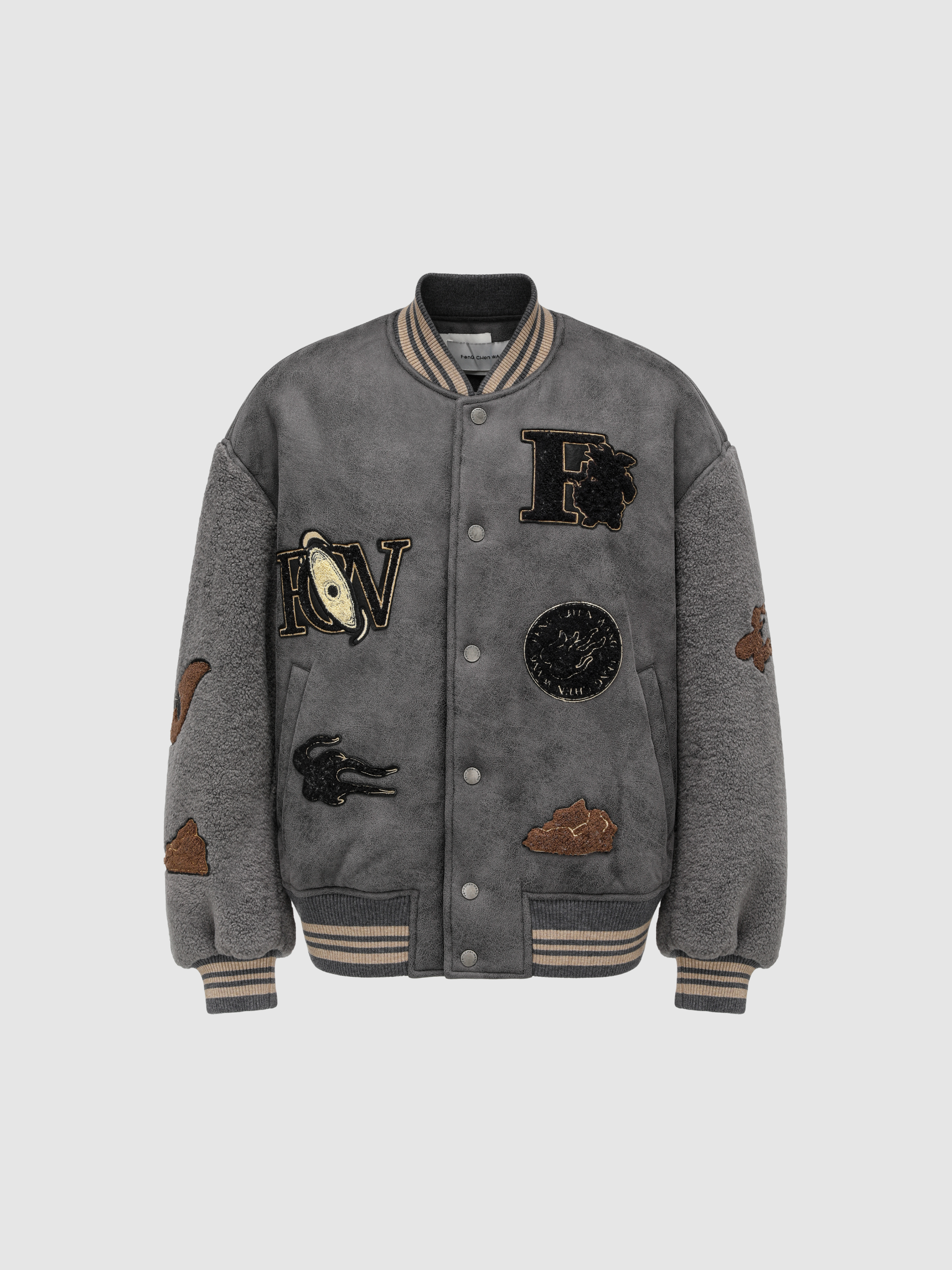 FAUX SHEARLING BOMBER JACKET WITH BADGE PATCHES - Feng Chen Wang