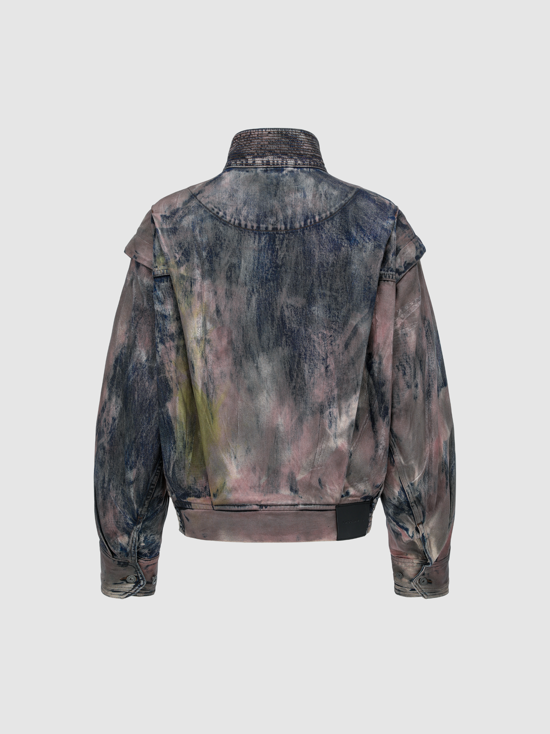 BROWN ARTISTICALLY TIE-DYED COATED DENIM STAND-COLLAR JACKET