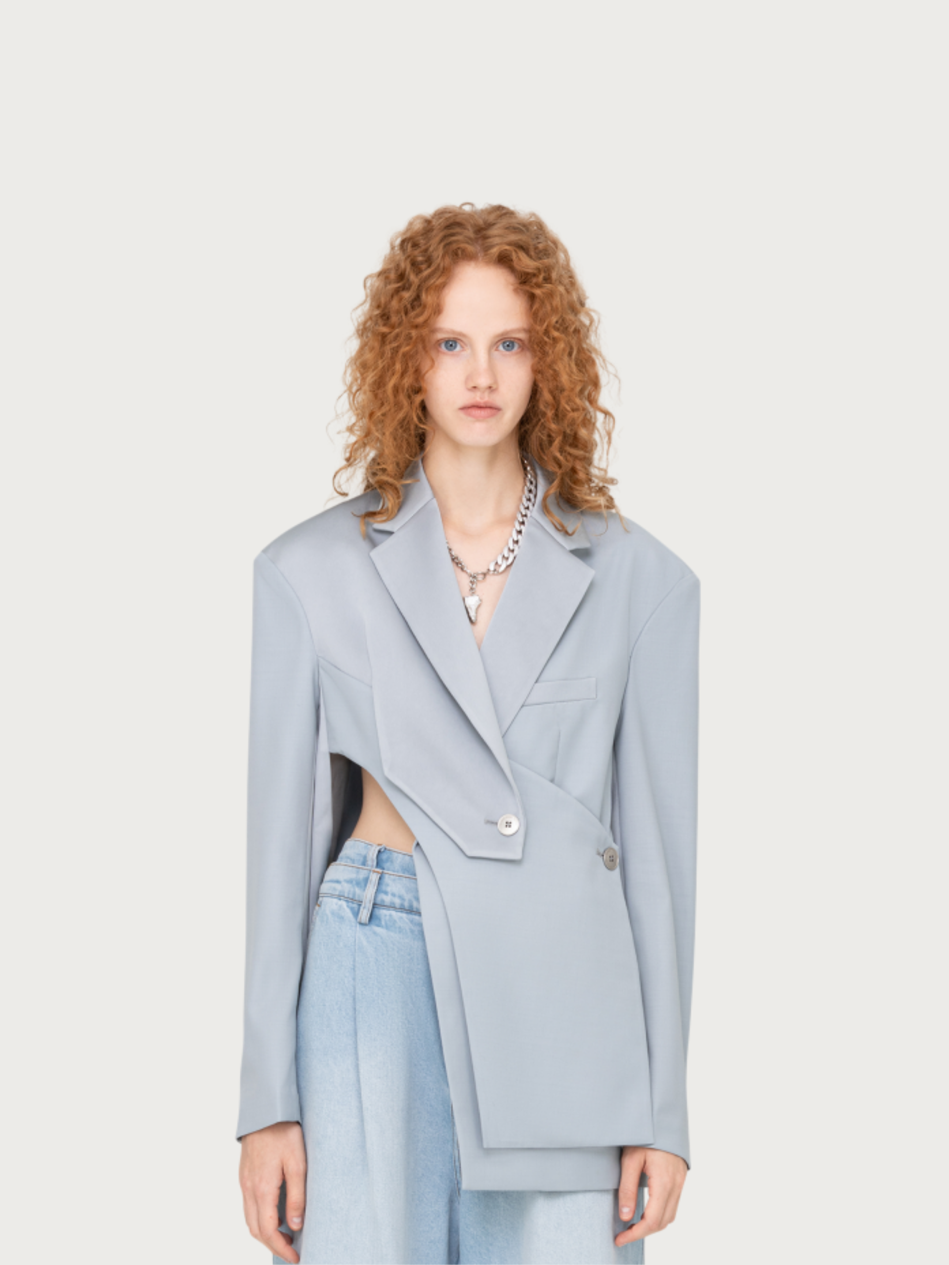 GREY SATIN AND WOOL DECONSTRUCTED SUIT JACKET