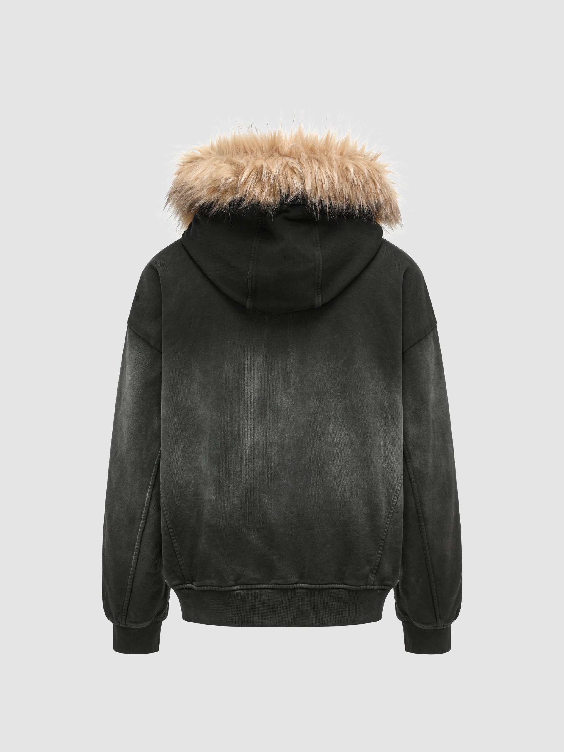 BLACK-GREY WASHED FUR-TRIM ZIP-UP HOODIE