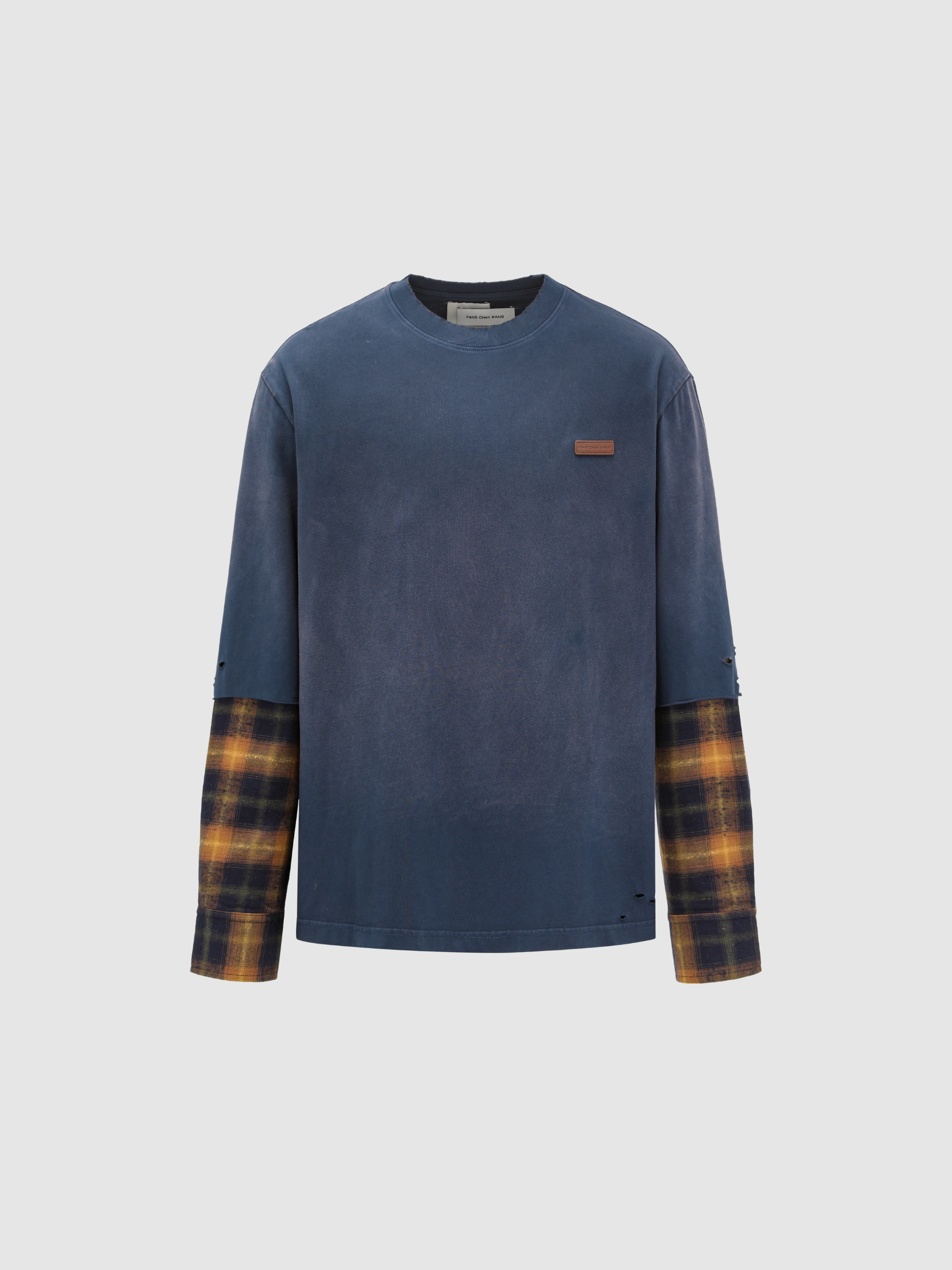 NAVY GRADIENT WASHED PATCHWORK LONG-SLEEVE T-SHIRT