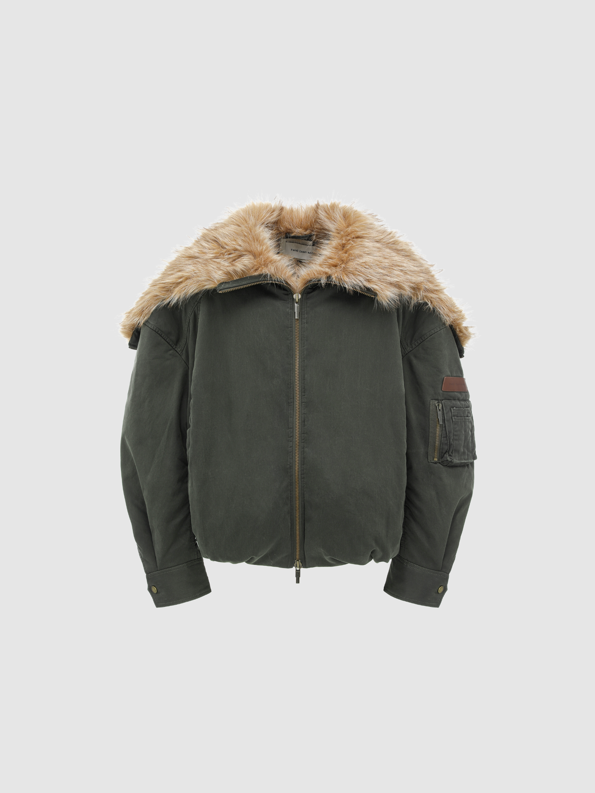 GREEN WASHED COTTON JACKET WITH FAUX FUR COLLAR