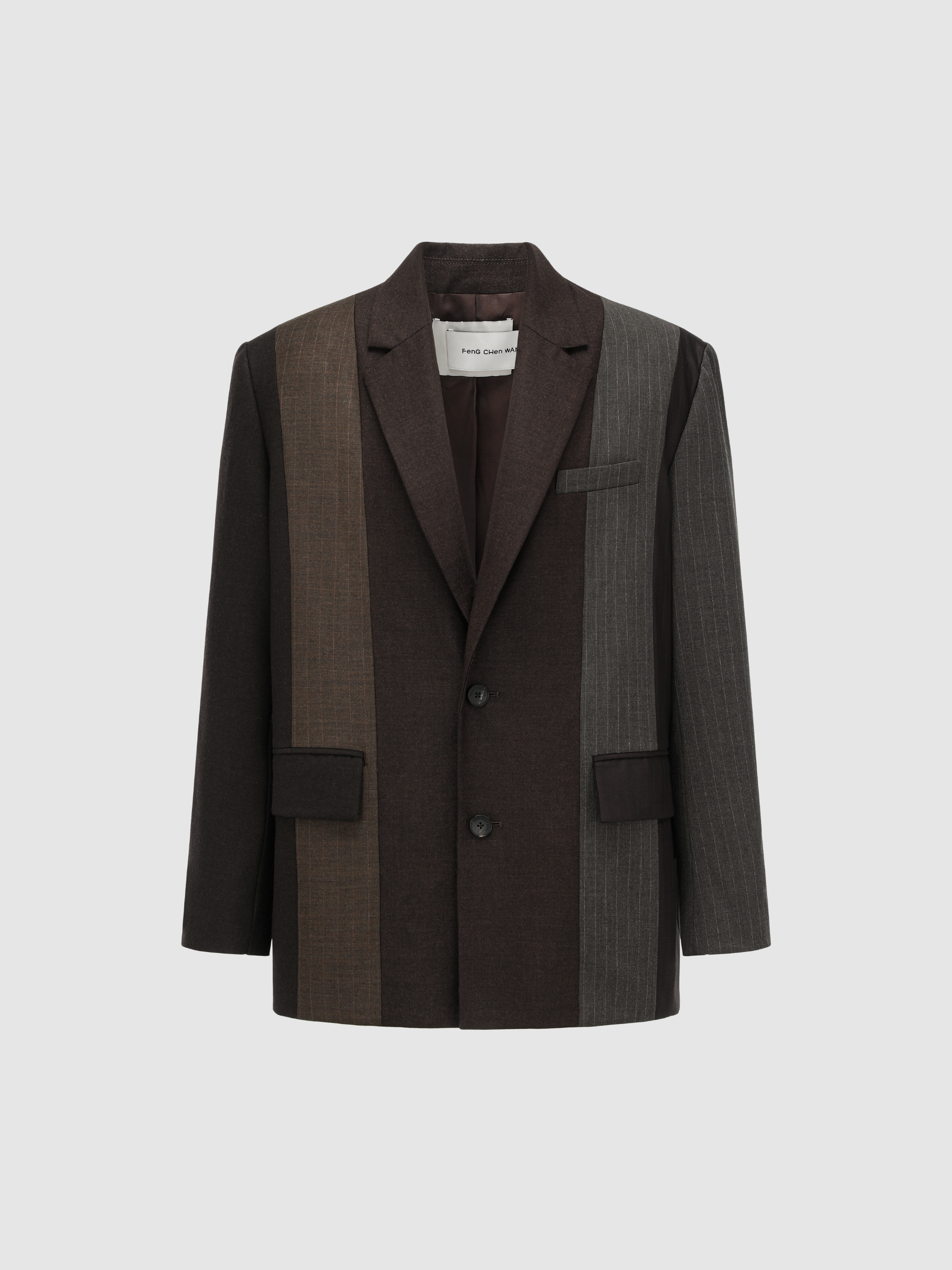 BROWN STRIPED AND SOLID PANELED BLAZER