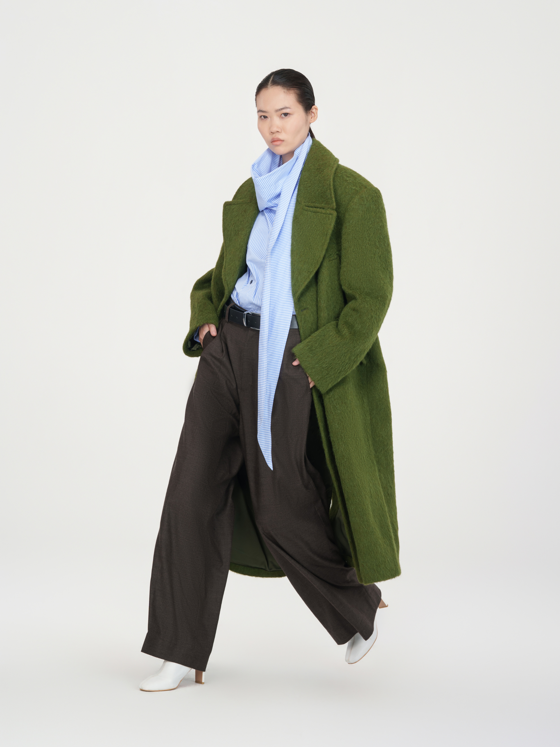 DOUBLE-BREASTED NOTCHED LAPEL GREEN WOOL BLEND COAT
