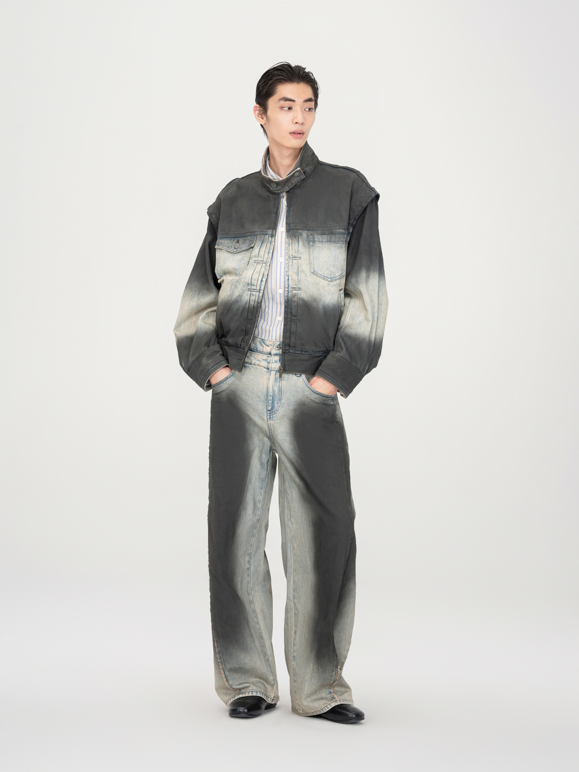 BLUE-TO-BLACK OMBRE DENIM STAND-COLLAR JACKET