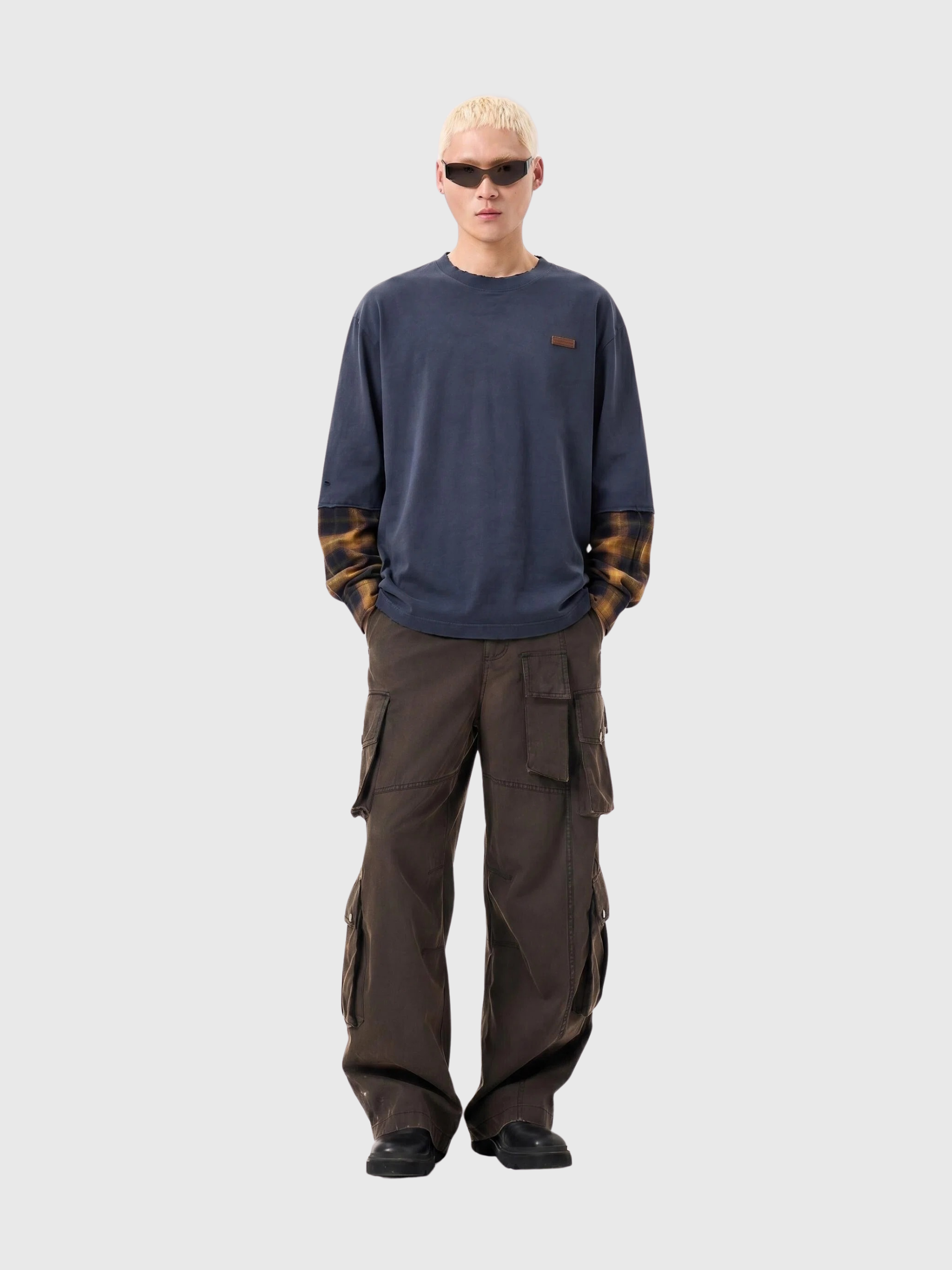 NAVY GRADIENT WASHED PATCHWORK LONG-SLEEVE T-SHIRT