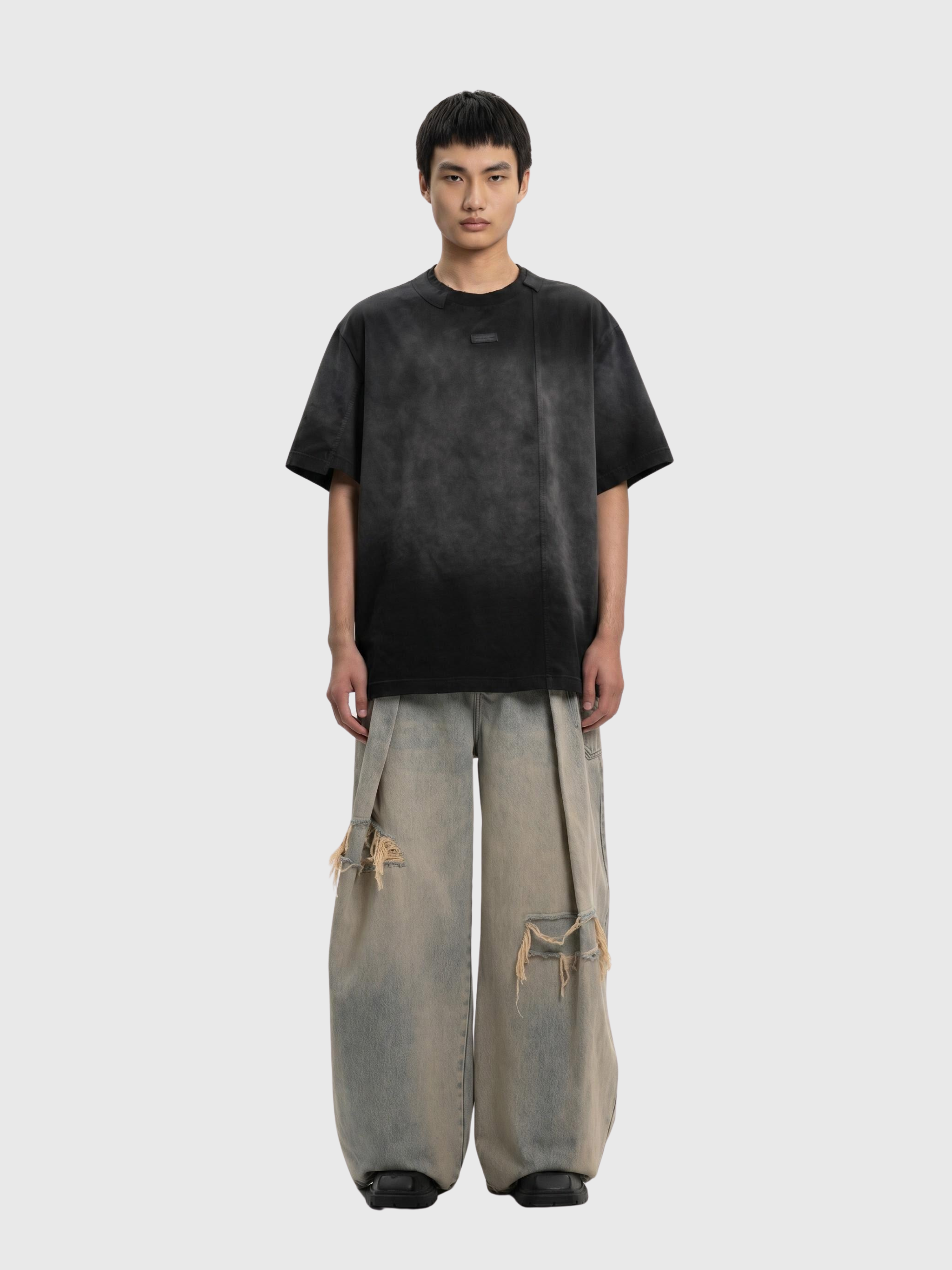 LIGHT BLUE WASHED DECONSTRUCTED DENIM PANTS