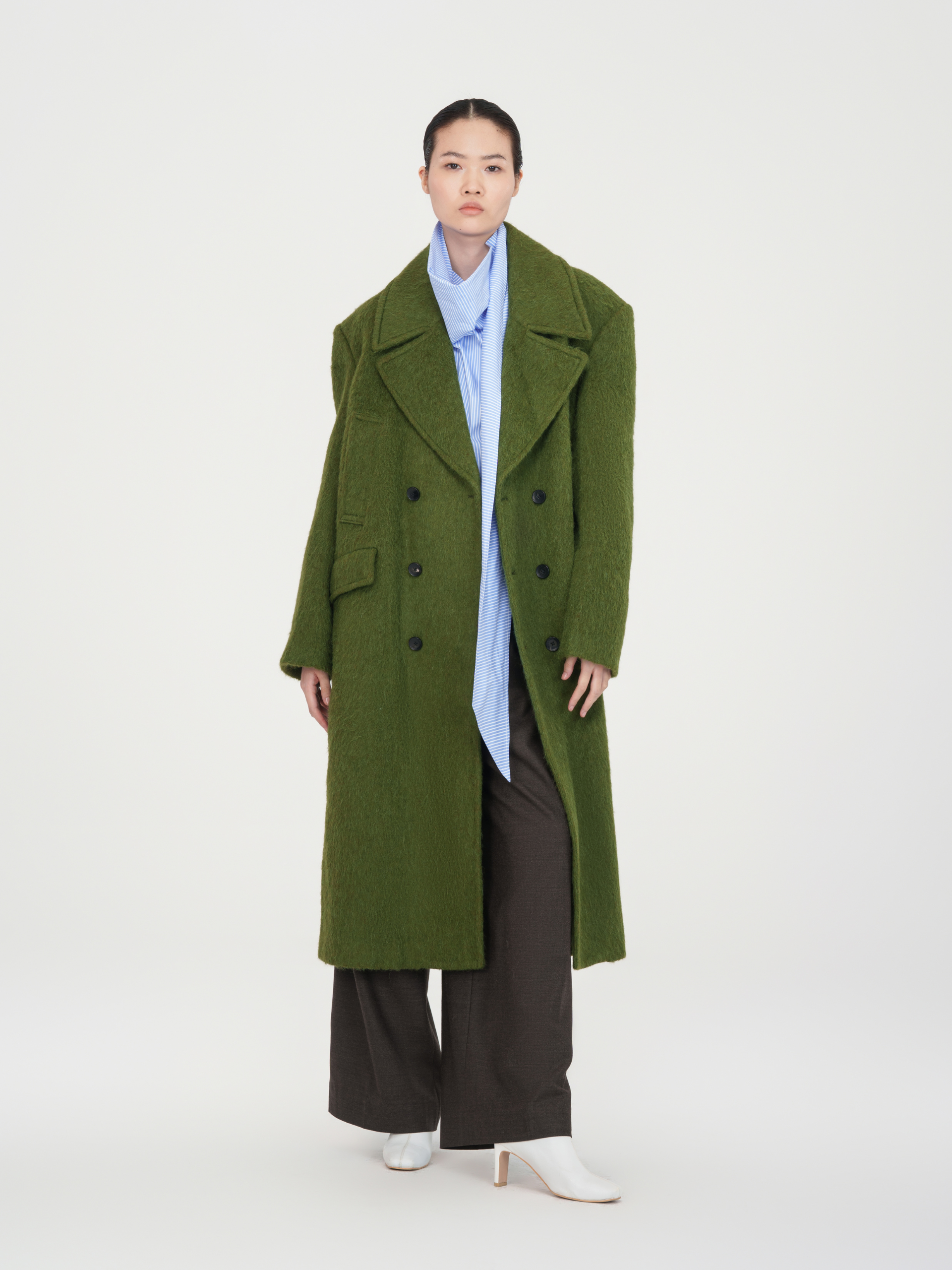 DOUBLE-BREASTED NOTCHED LAPEL GREEN WOOL BLEND COAT