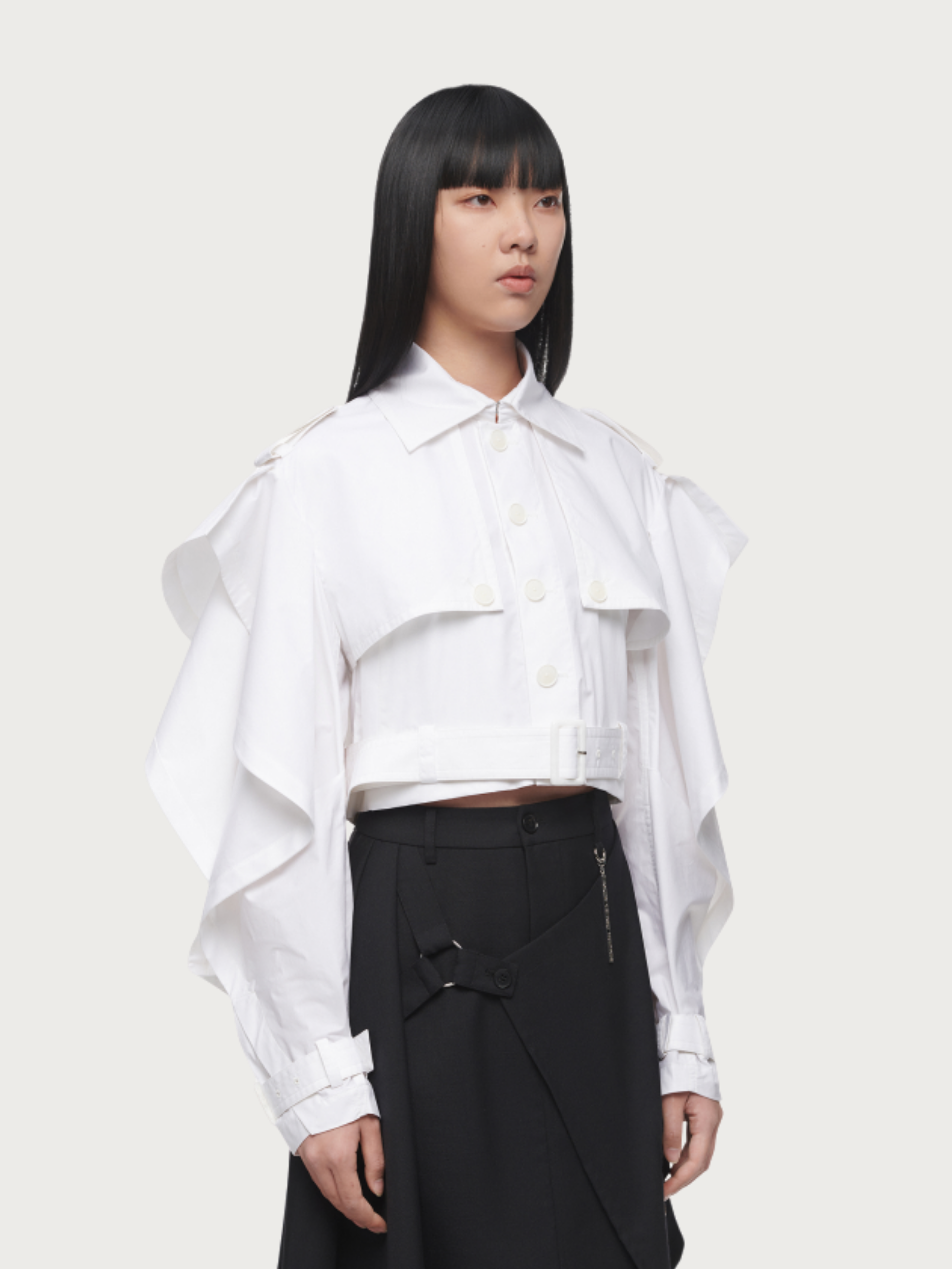COTTON SHIRTING DRAPED BELL-SLEEVE JACKET