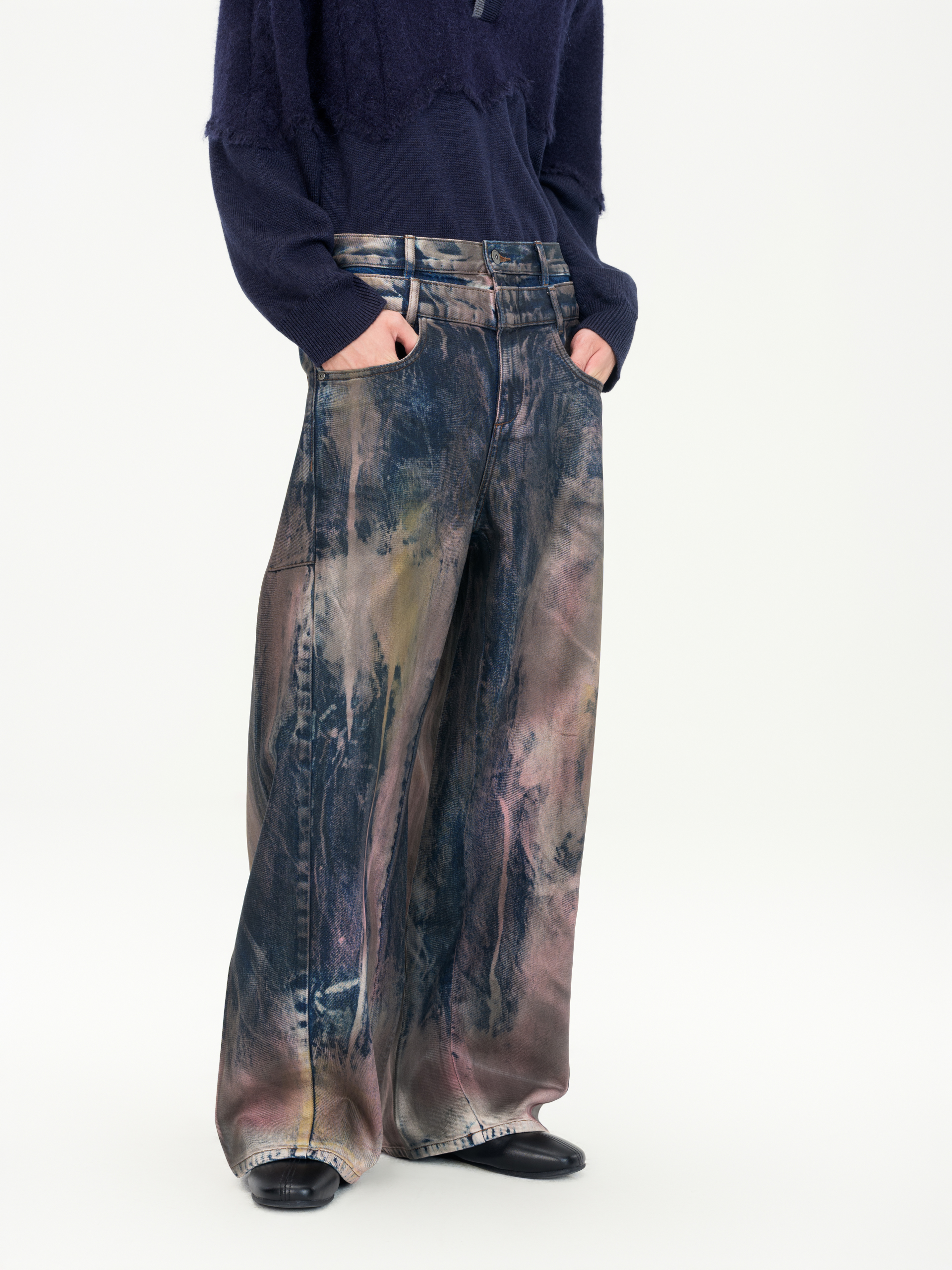 BROWN ARTISTICALLY TIE-DYED COATED DENIM PANTS