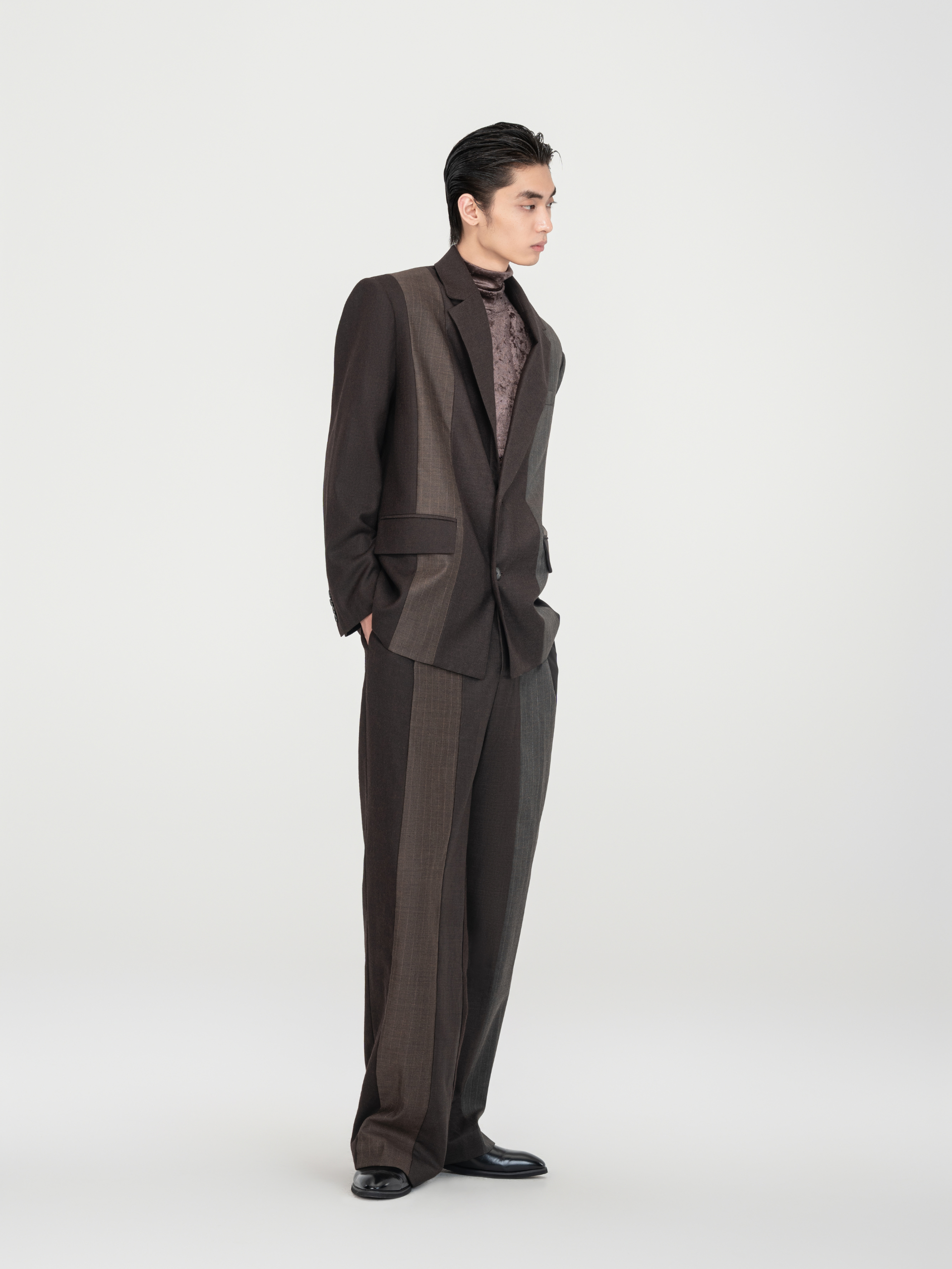 BROWN STRIPED AND SOLID PANELED BLAZER