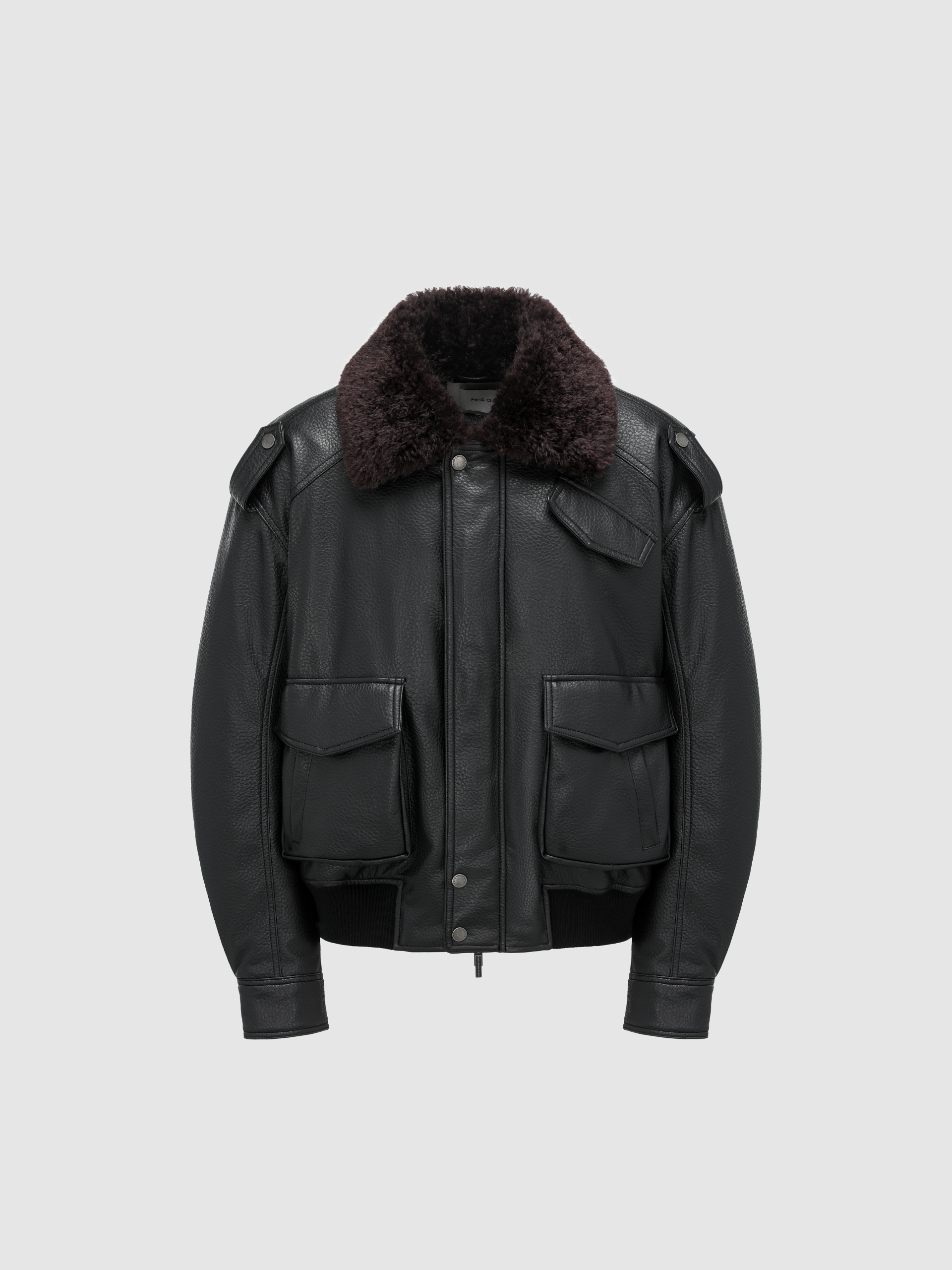 BLACK OVERSIZED PEBBLED PU LEATHER JACKET WITH FAUX FUR COLLAR - Feng Chen Wang