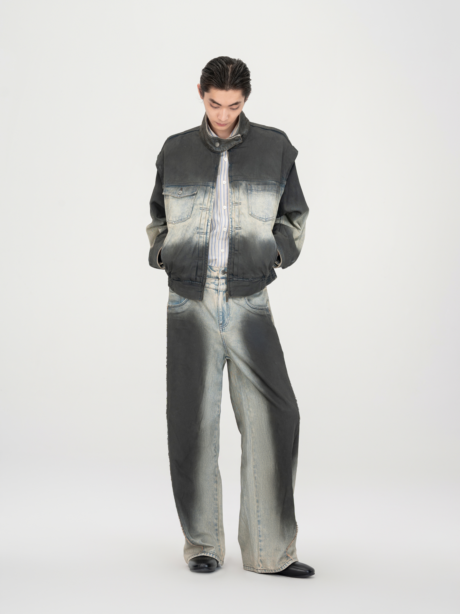 BLUE-TO-BLACK OMBRE DENIM STAND-COLLAR JACKET