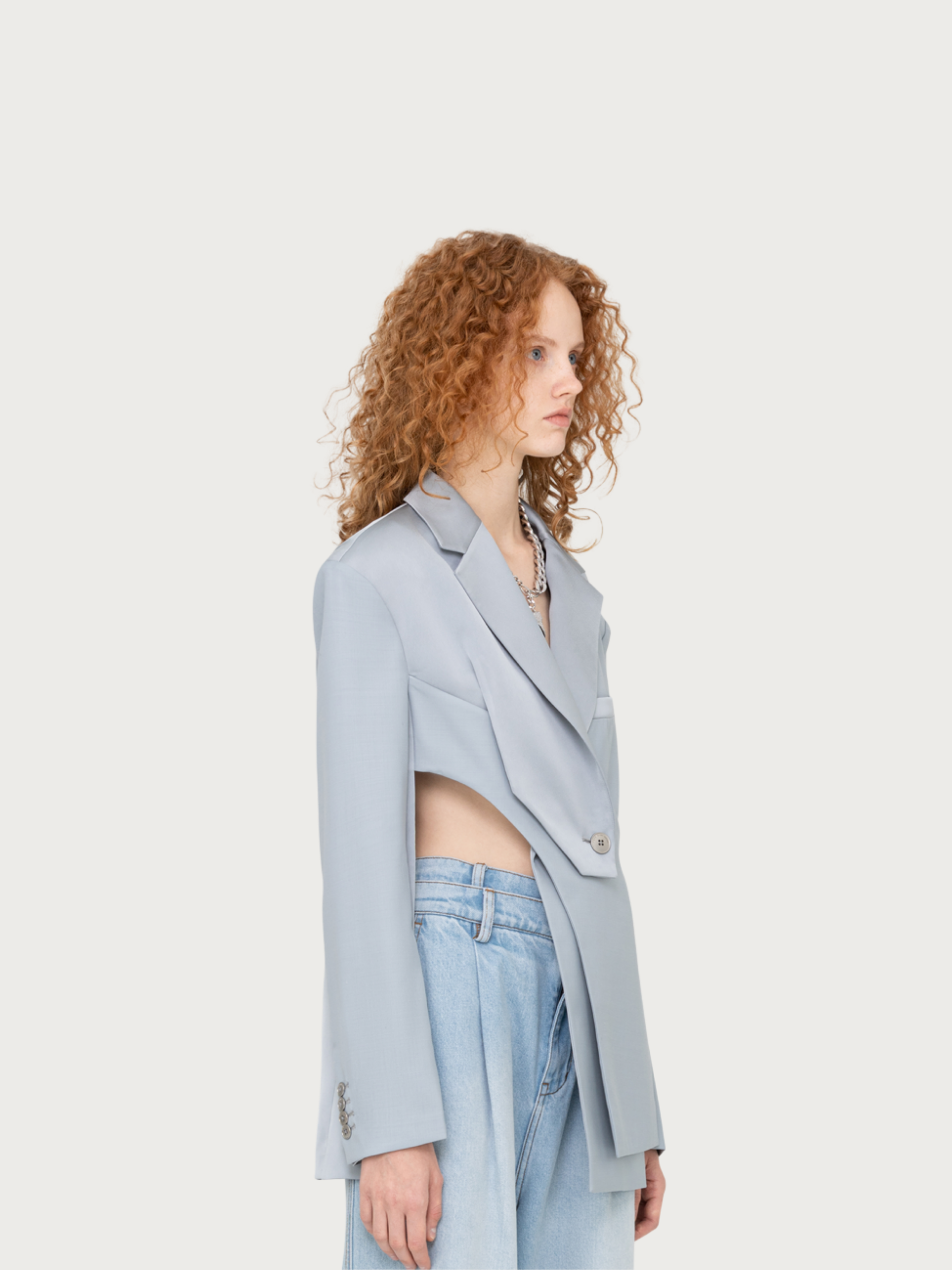 GREY SATIN AND WOOL DECONSTRUCTED SUIT JACKET