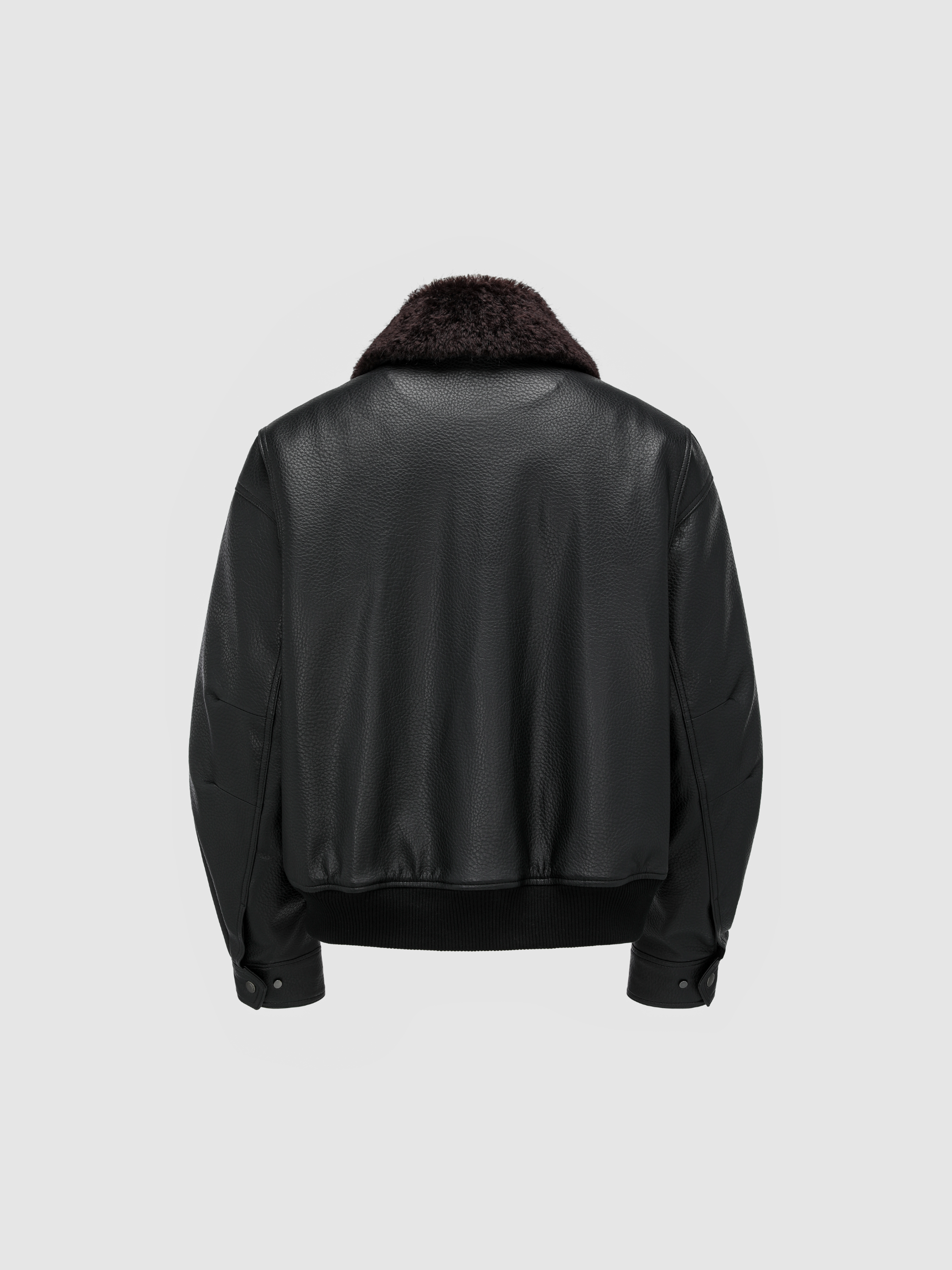 BLACK OVERSIZED PEBBLED PU LEATHER JACKET WITH FAUX FUR COLLAR - Feng Chen Wang